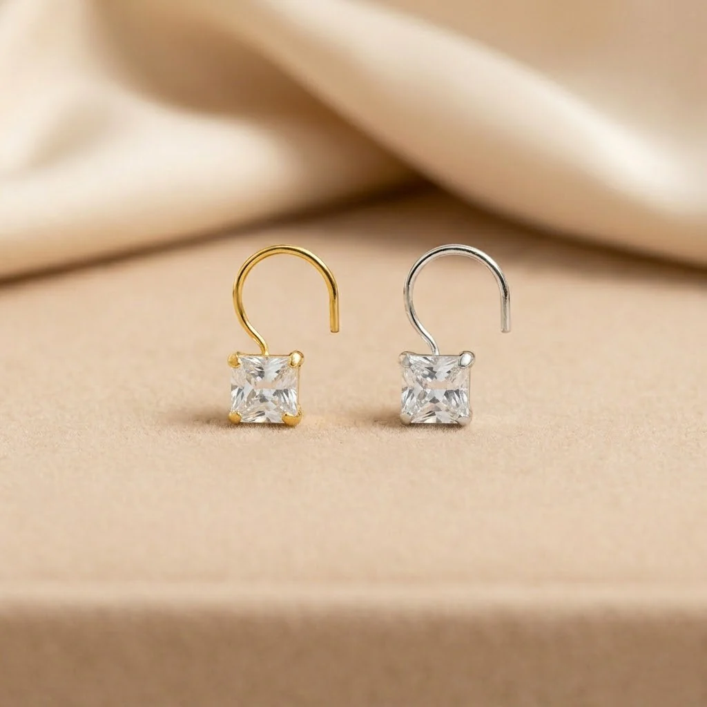 (Buy 1 get 1) Gold Polish Nose Pin with Square Multicolour Stones - Image 8