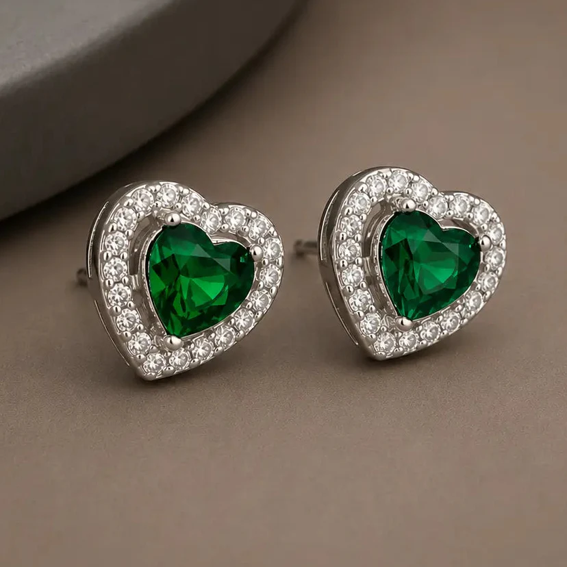 925 Silver Green Heart Mangalsutra Set with Earrings for Women - Image 2