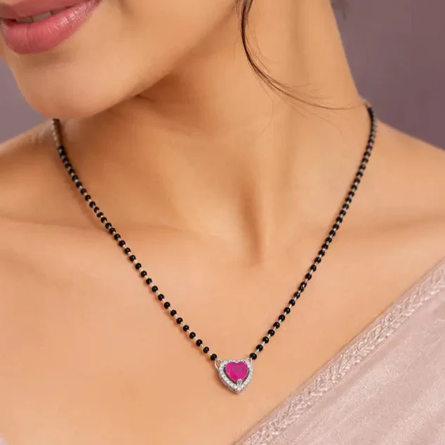 925 Silver Pink Heart Mangalsutra Pendant Set for Women with Earrings - Image 3