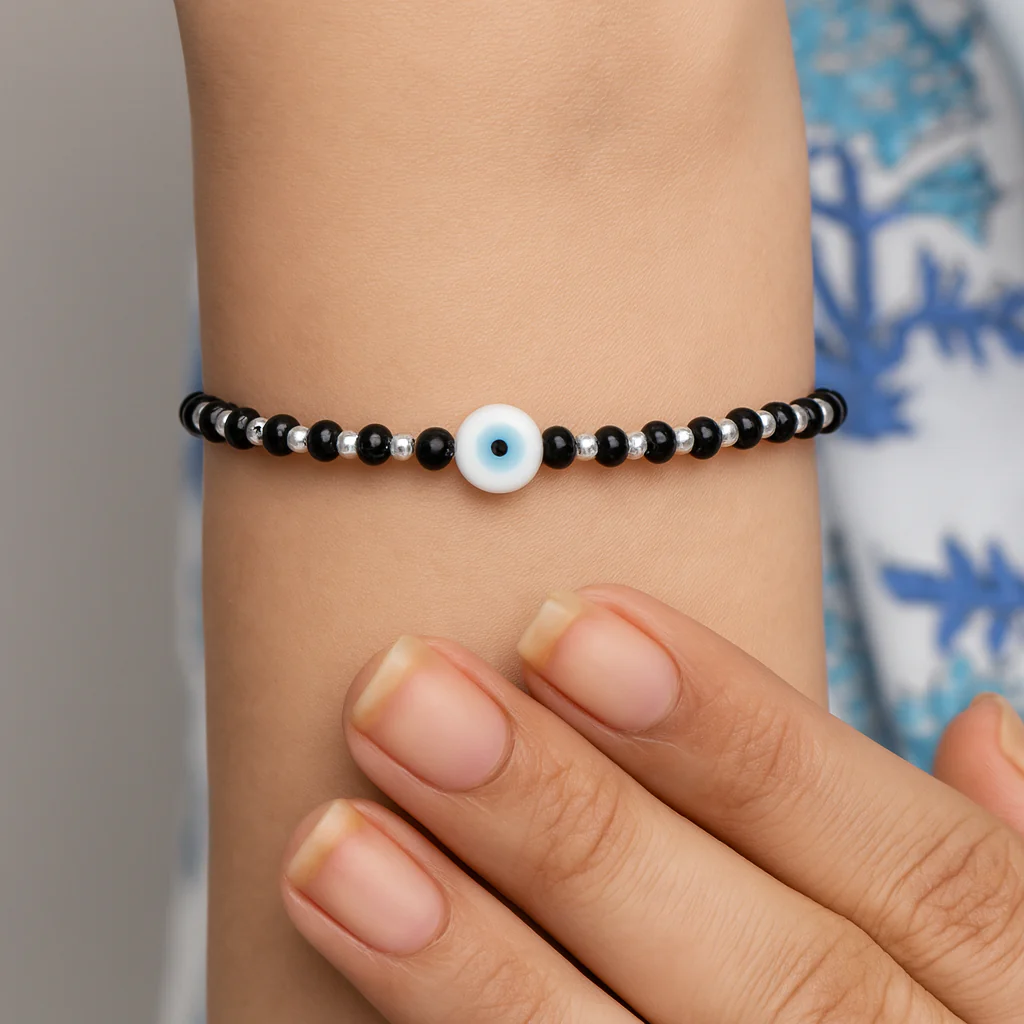 Adjustable Black Beads Silver Chain Bracelet - Image 2