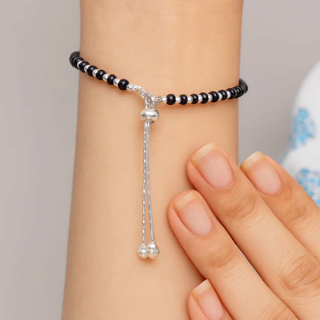 Adjustable Black Beads Silver Chain Bracelet - Image 4