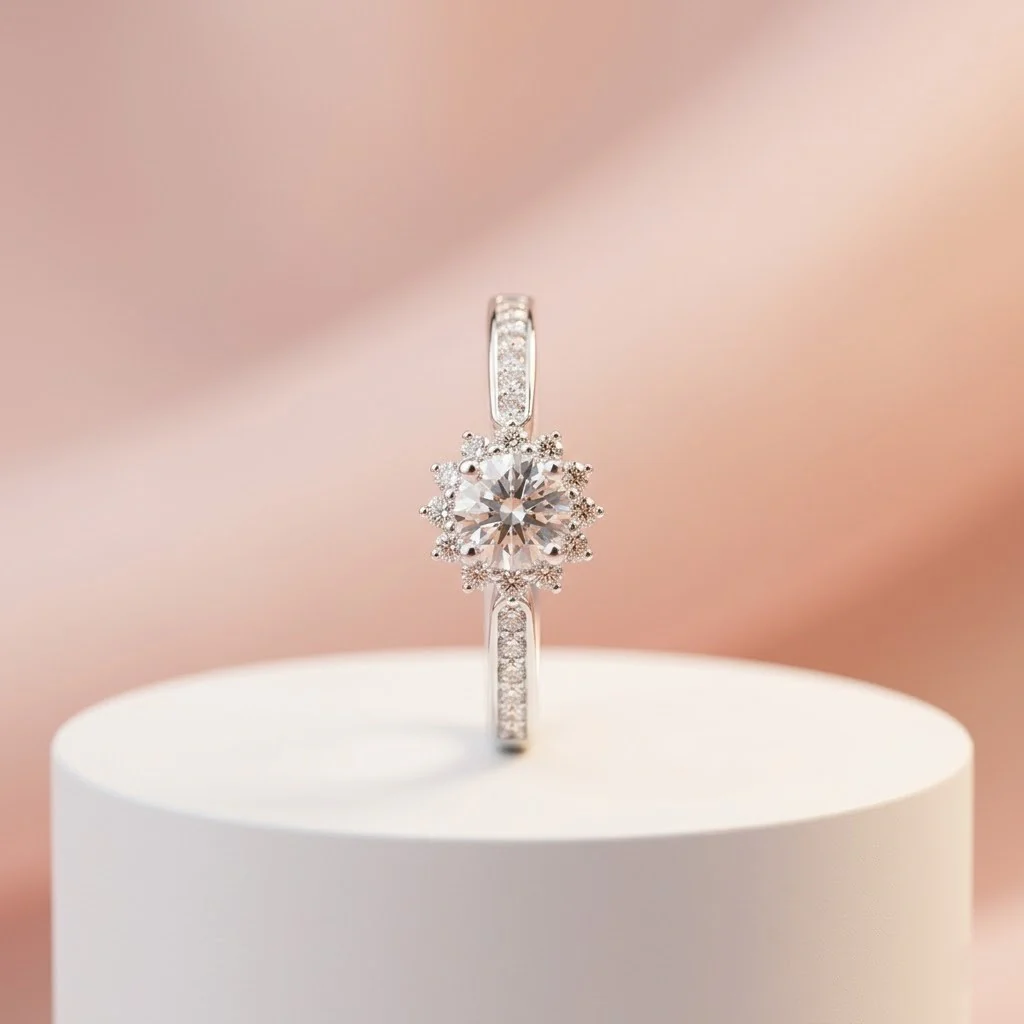 Adjustable Halo Solitaire Diamond Ring in Silver – Elegant Open Band Engagement Ring - Image 5
