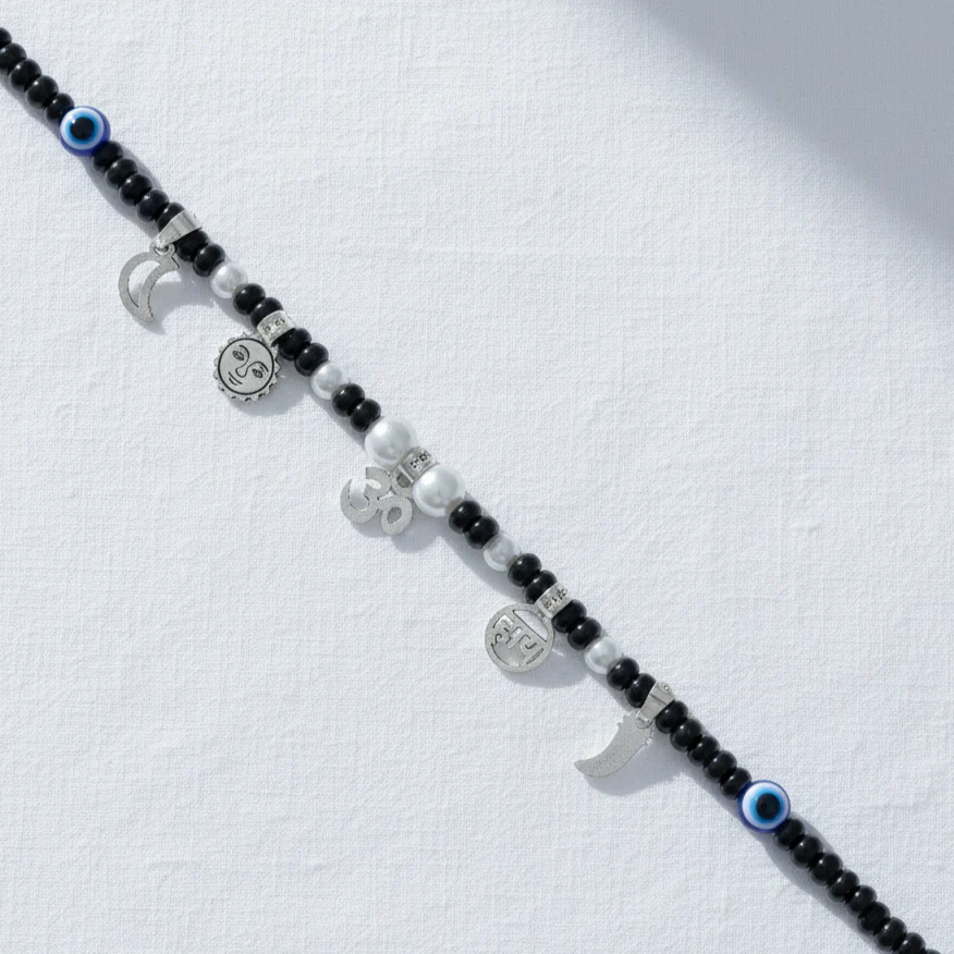 Baby Silver Nazariya Black Beads Mala with Om, Swastik & Moon Charms - Image 7