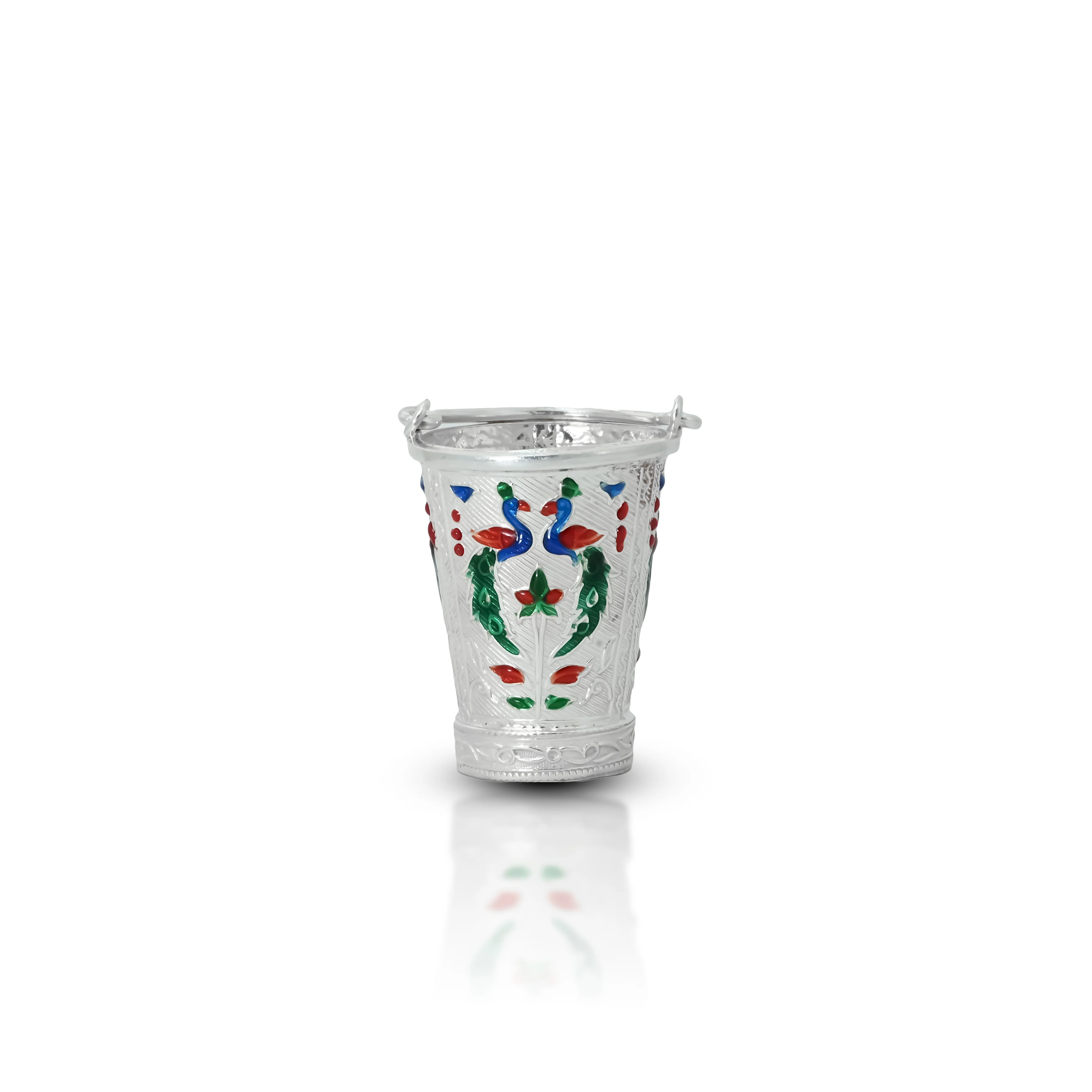 Beautifully Crafted Peacock Design Silver Bucket for Worship - Image 5