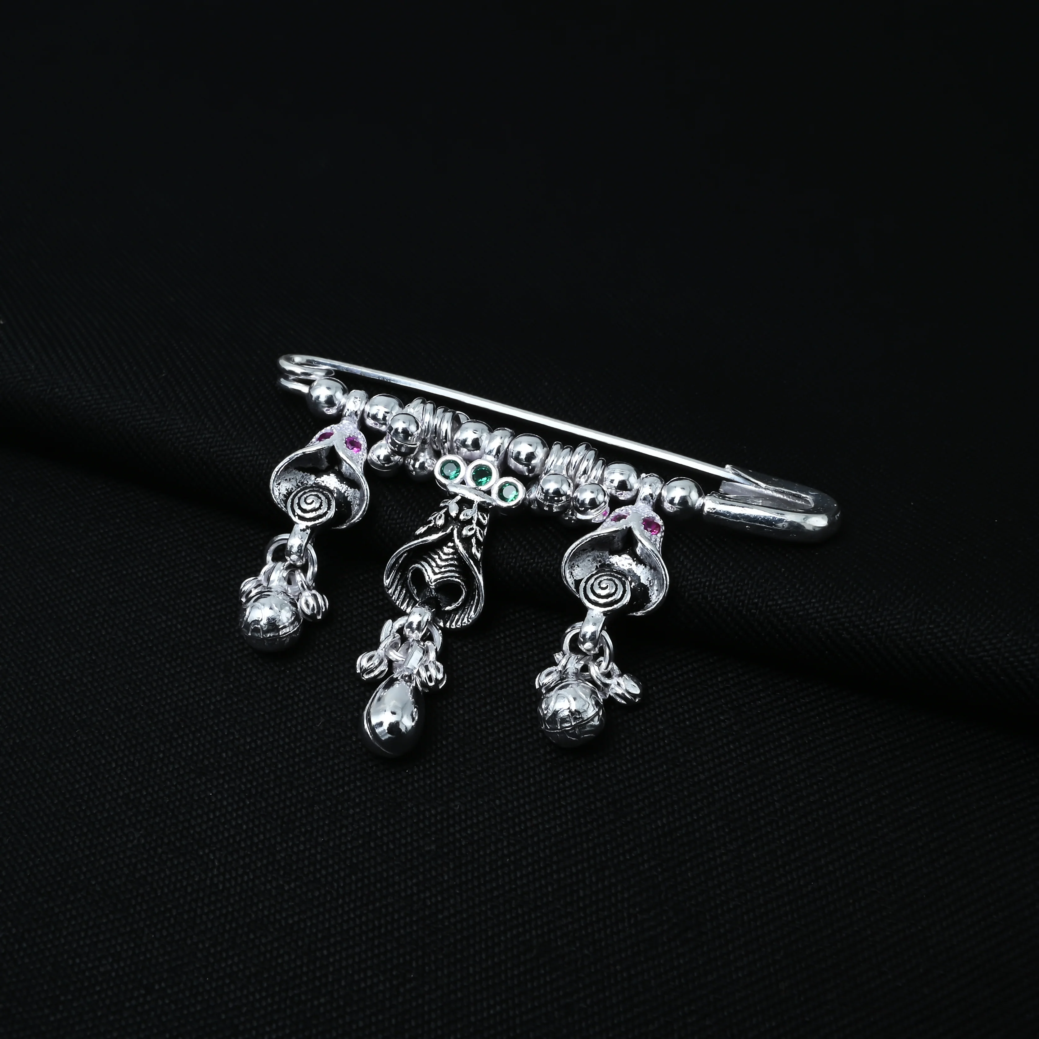 Bell Design Silver Saree Pin with Ghungroo and Stones - Image 2