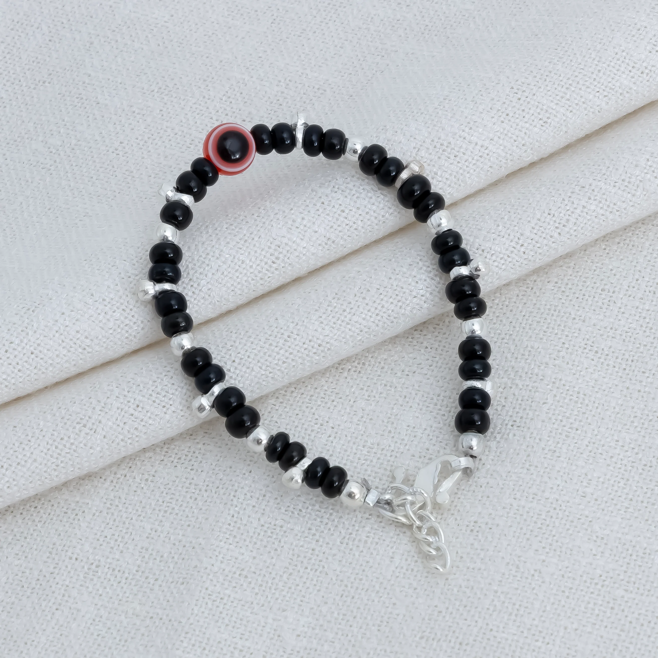 Black Beads & Red Evil Eye Silver Baby Bracelet - Image 4