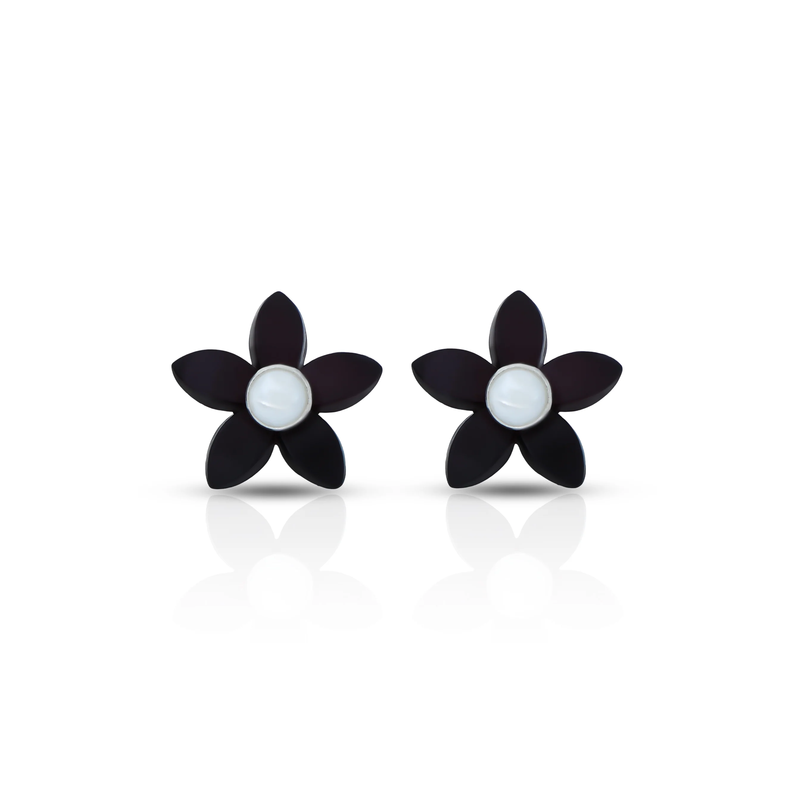 Black Flower Stud Silver Earrings with Pearl Center - Image 3