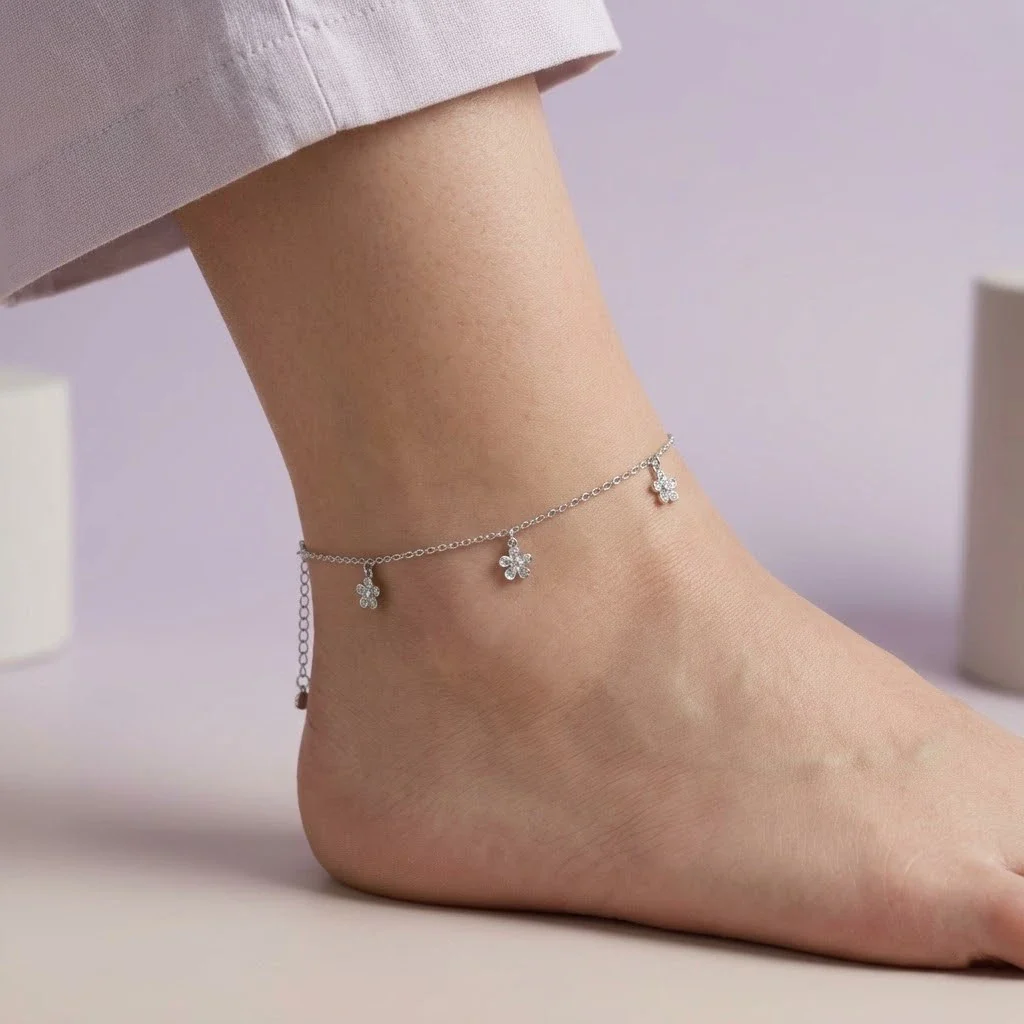 Bloom Flower Charm Silver Anklet Pair