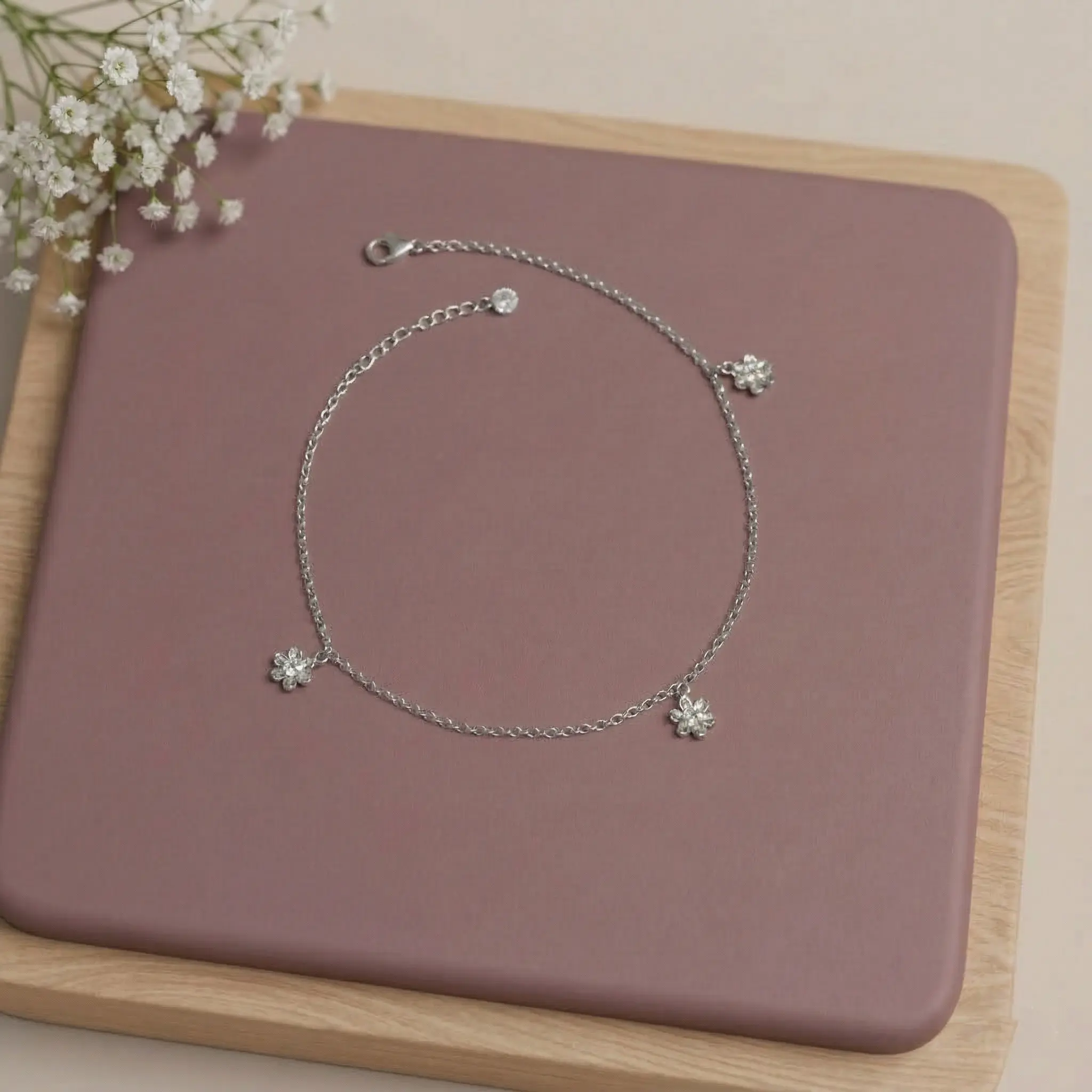 Bloom Flower Charm Silver Anklet Pair - Image 5