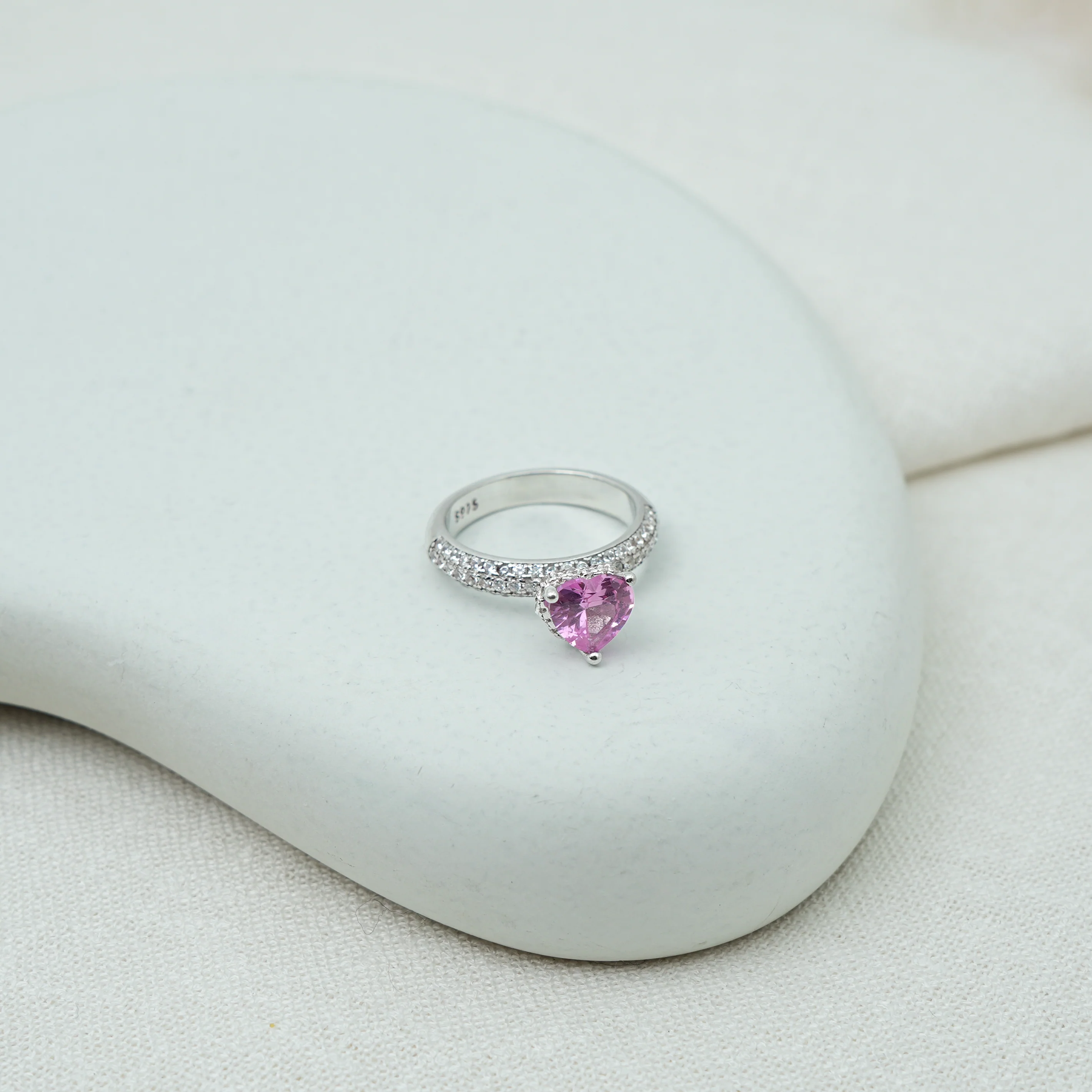 Blushing Beauty Silver Ring with Pink Heart - Image 2