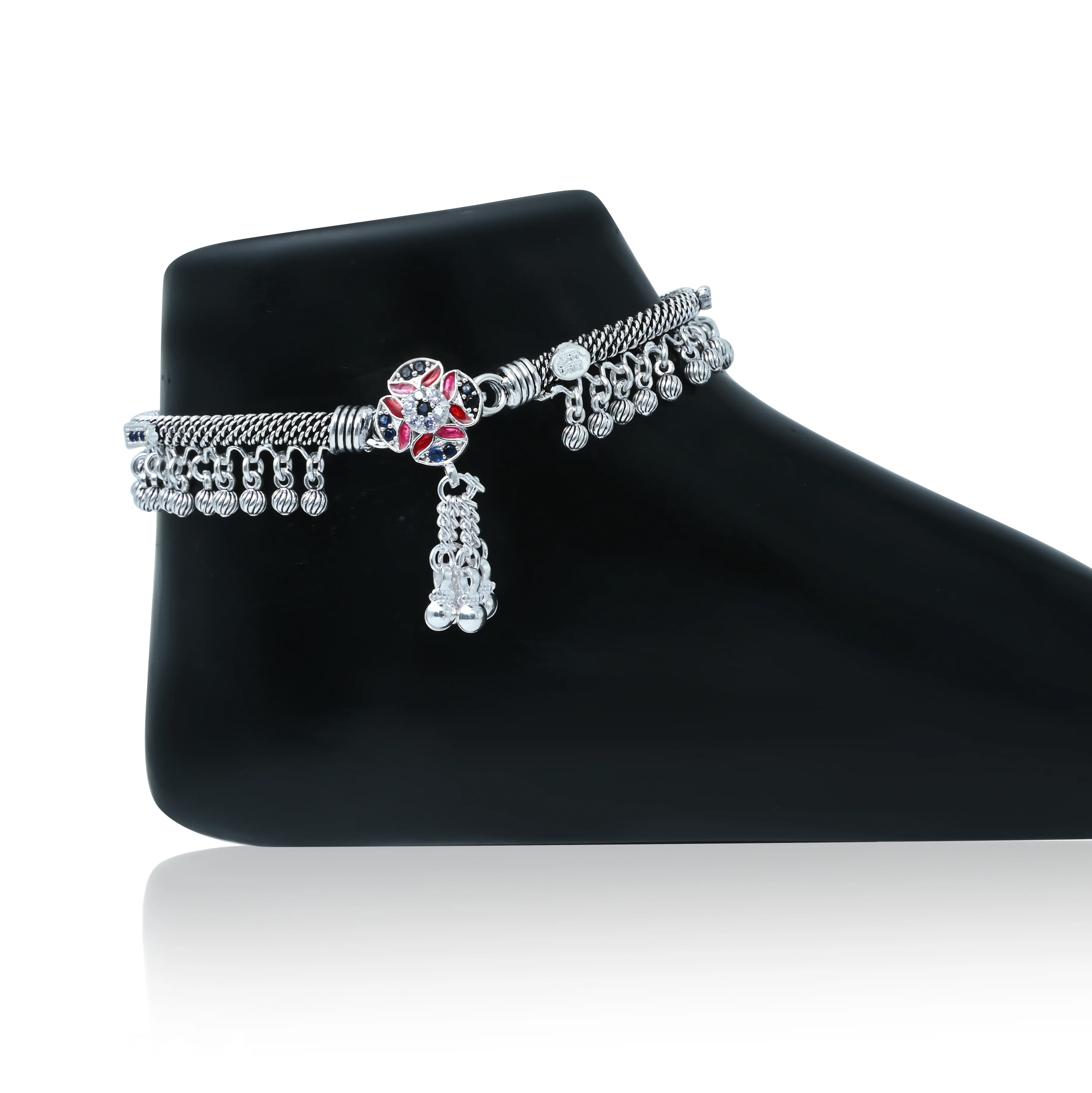 Center Flower Design Sterling Silver Kada Payal - Image 2