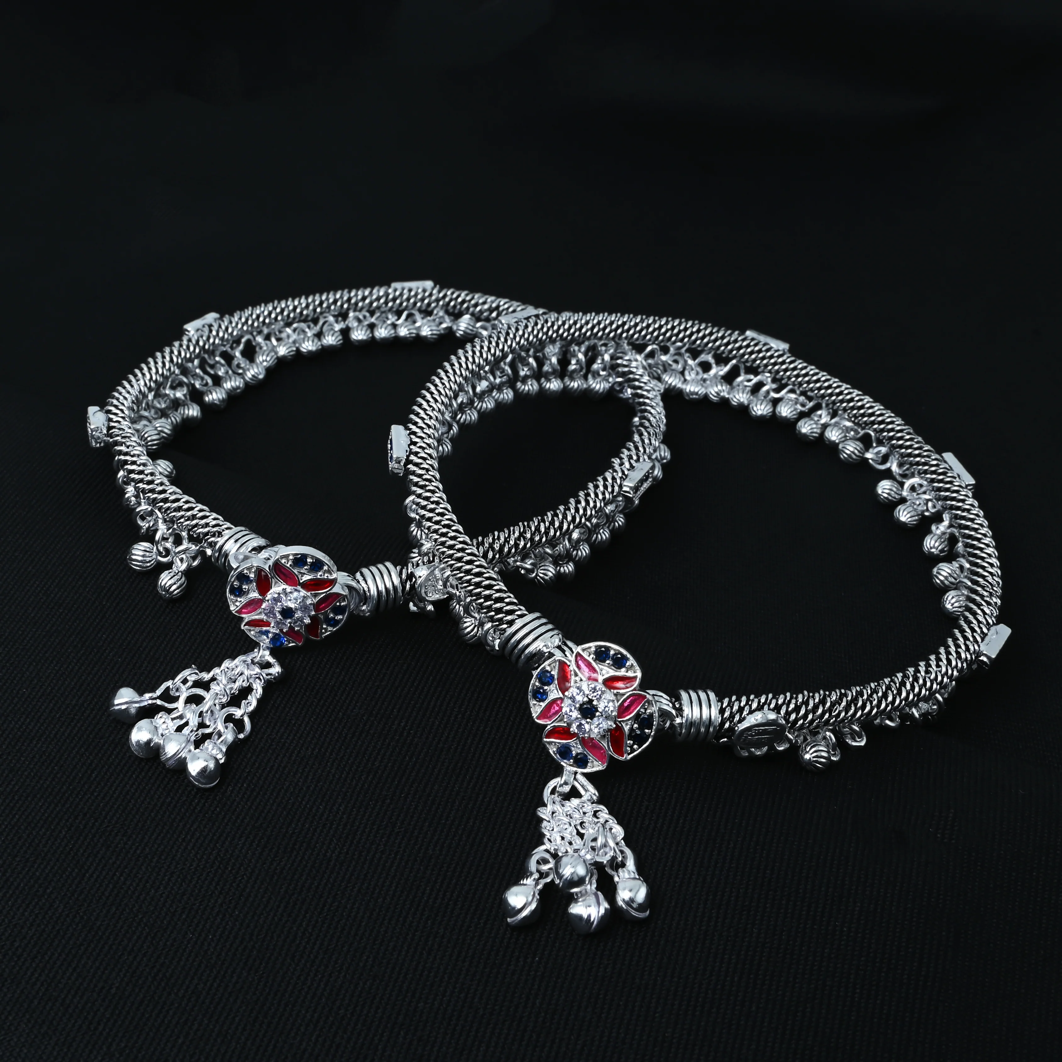 Center Flower Design Sterling Silver Kada Payal - Image 3