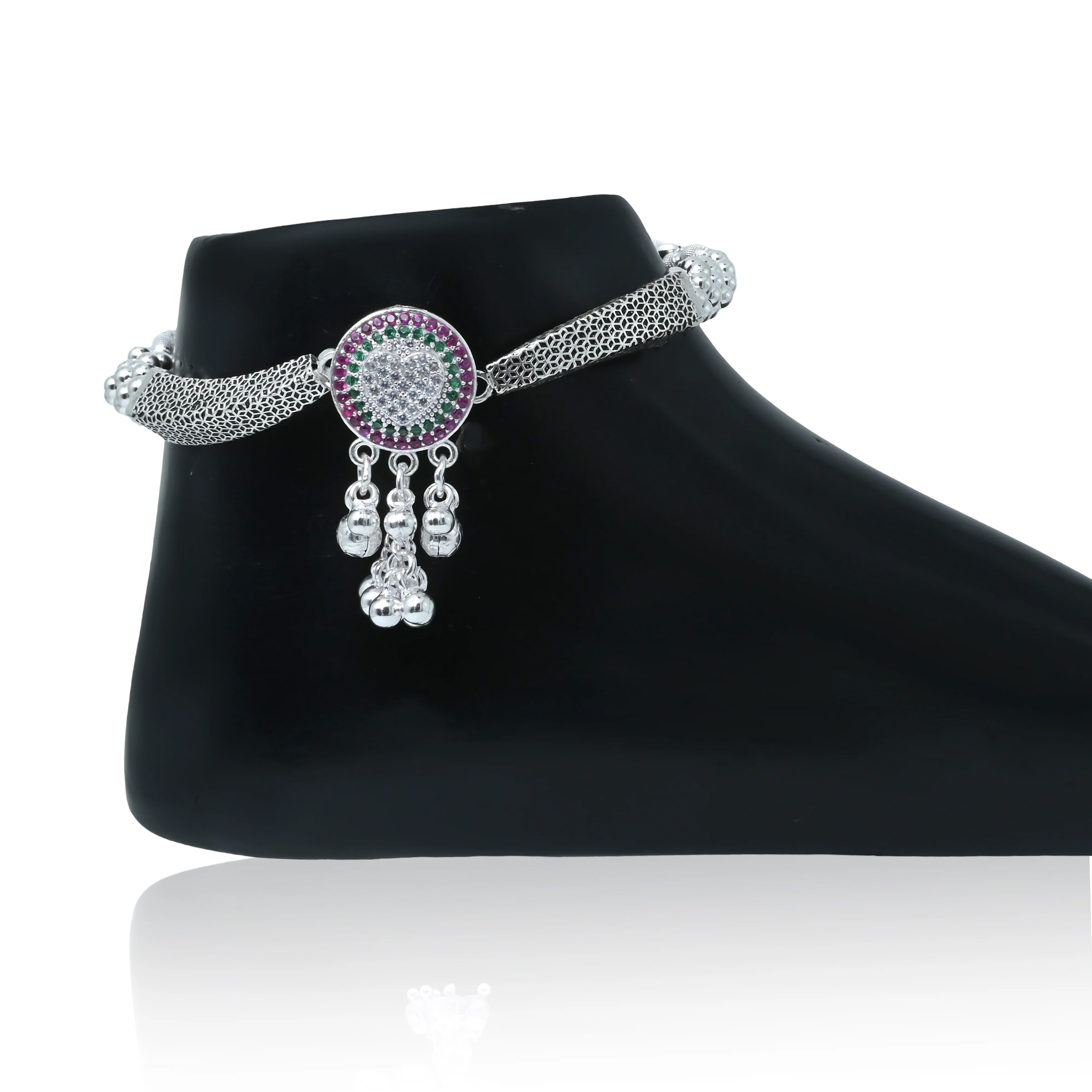 Center Heart Design Silver Kada Payal with Purple Green Stones - Image 2