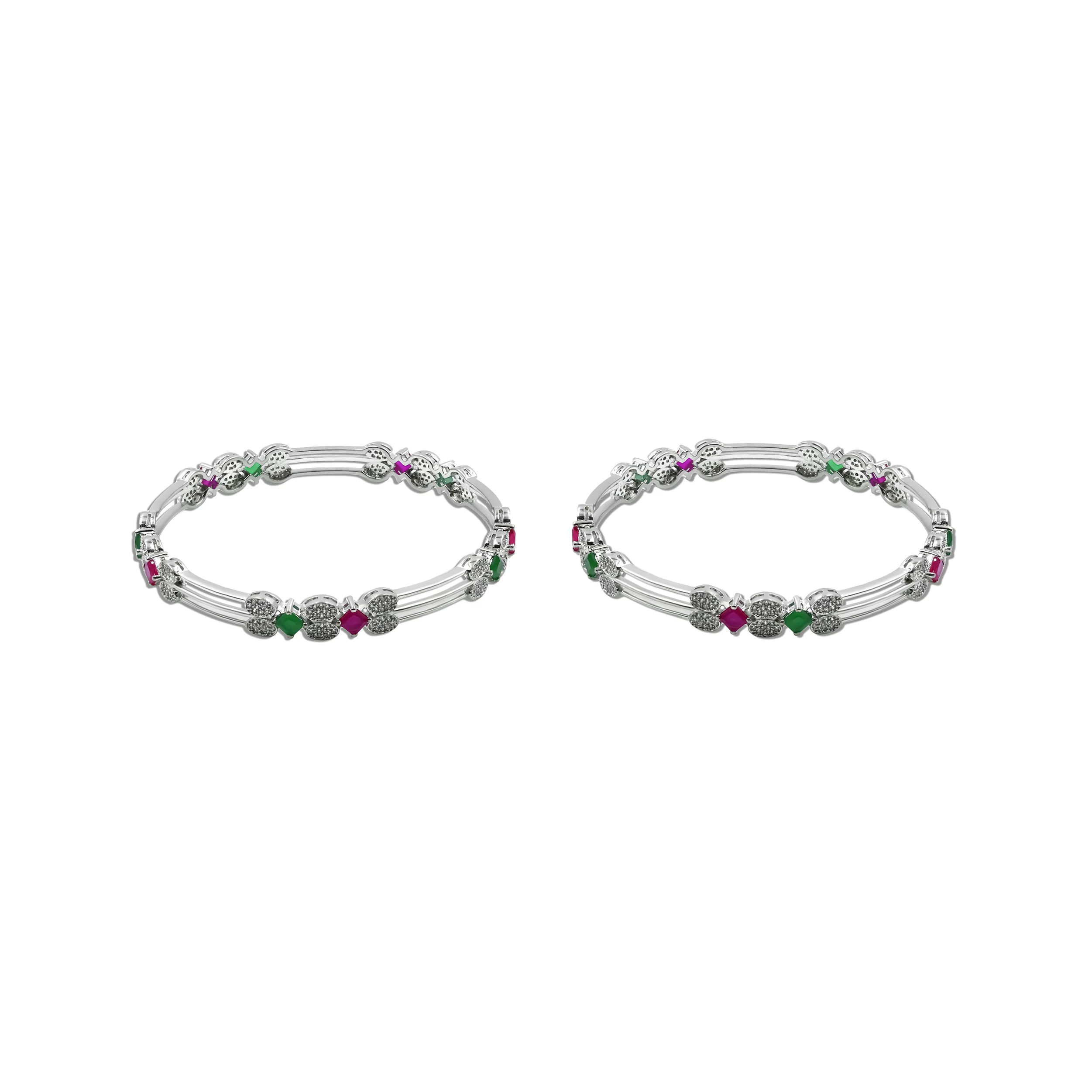 Charming Silver Bangles Set Featuring Gemstones - Image 2