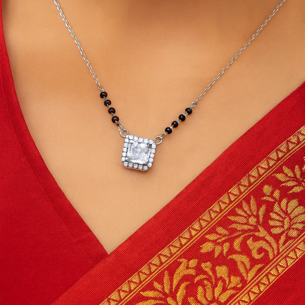 Classic Black Beaded Mangalsutra with Sparkling Square Pendant - Image 3