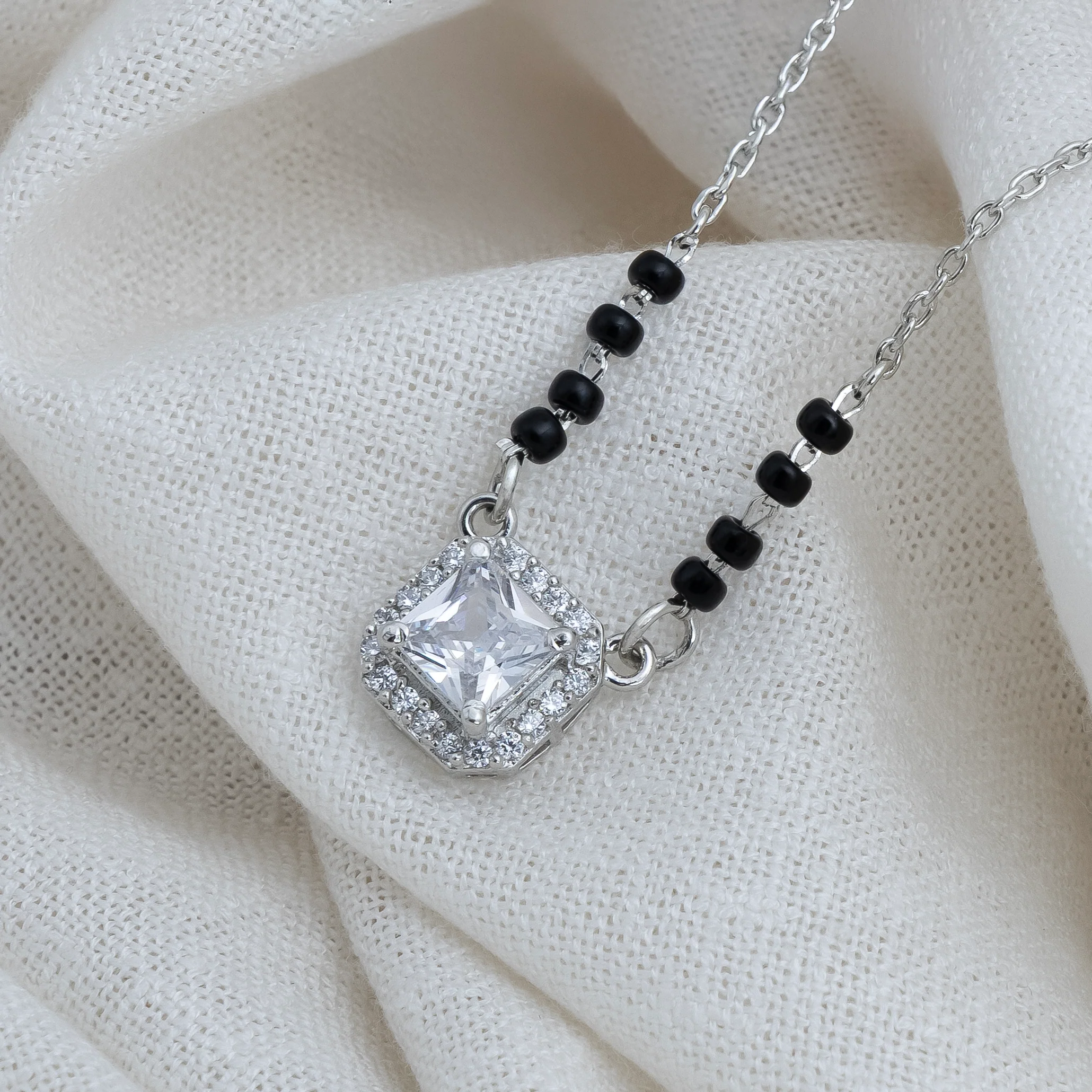 Classic Black Beaded Mangalsutra with Sparkling Square Pendant - Image 4