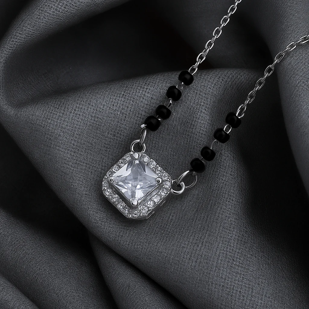 Classic Black Beaded Mangalsutra with Sparkling Square Pendant - Image 6