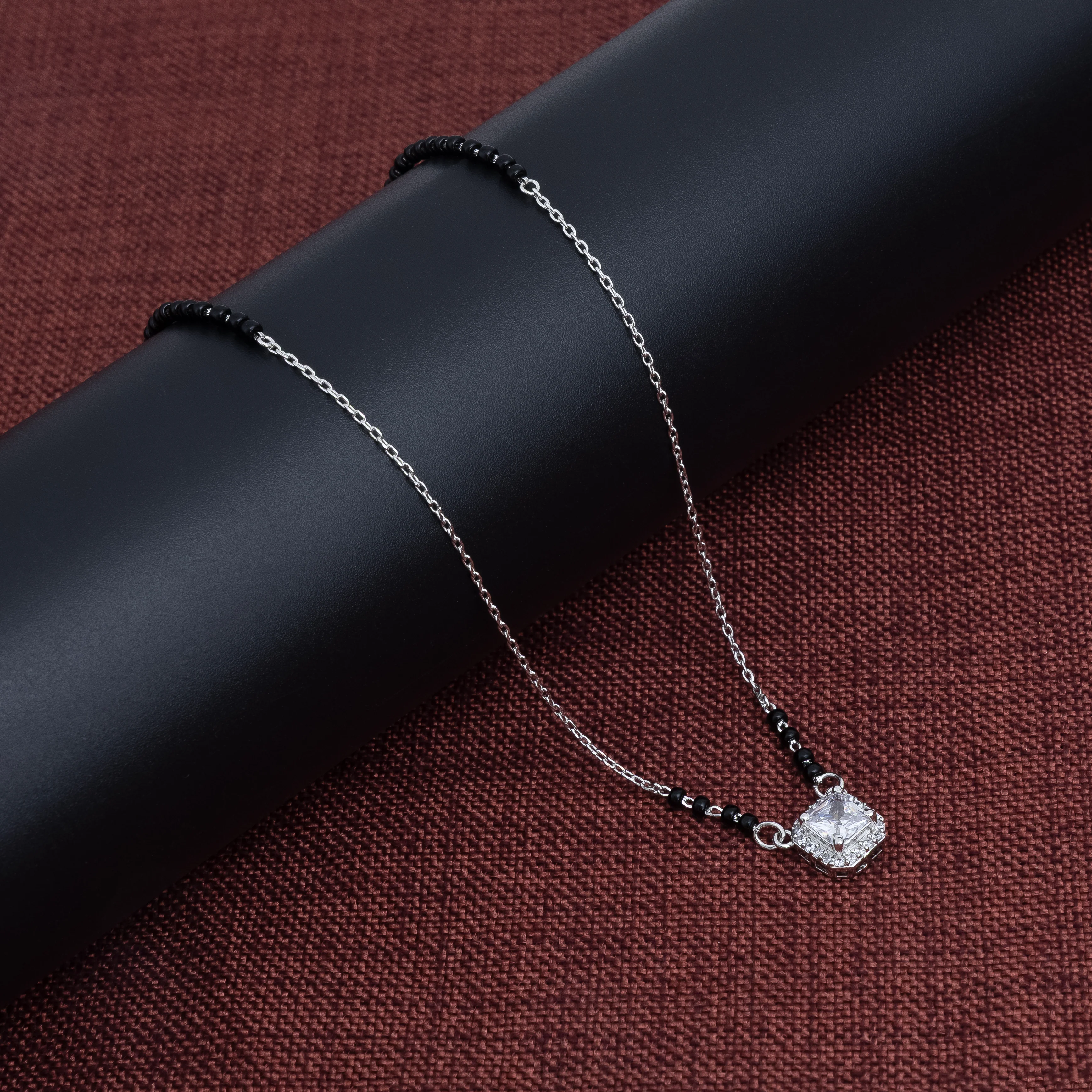 Classic Black Beaded Mangalsutra with Sparkling Square Pendant - Image 7