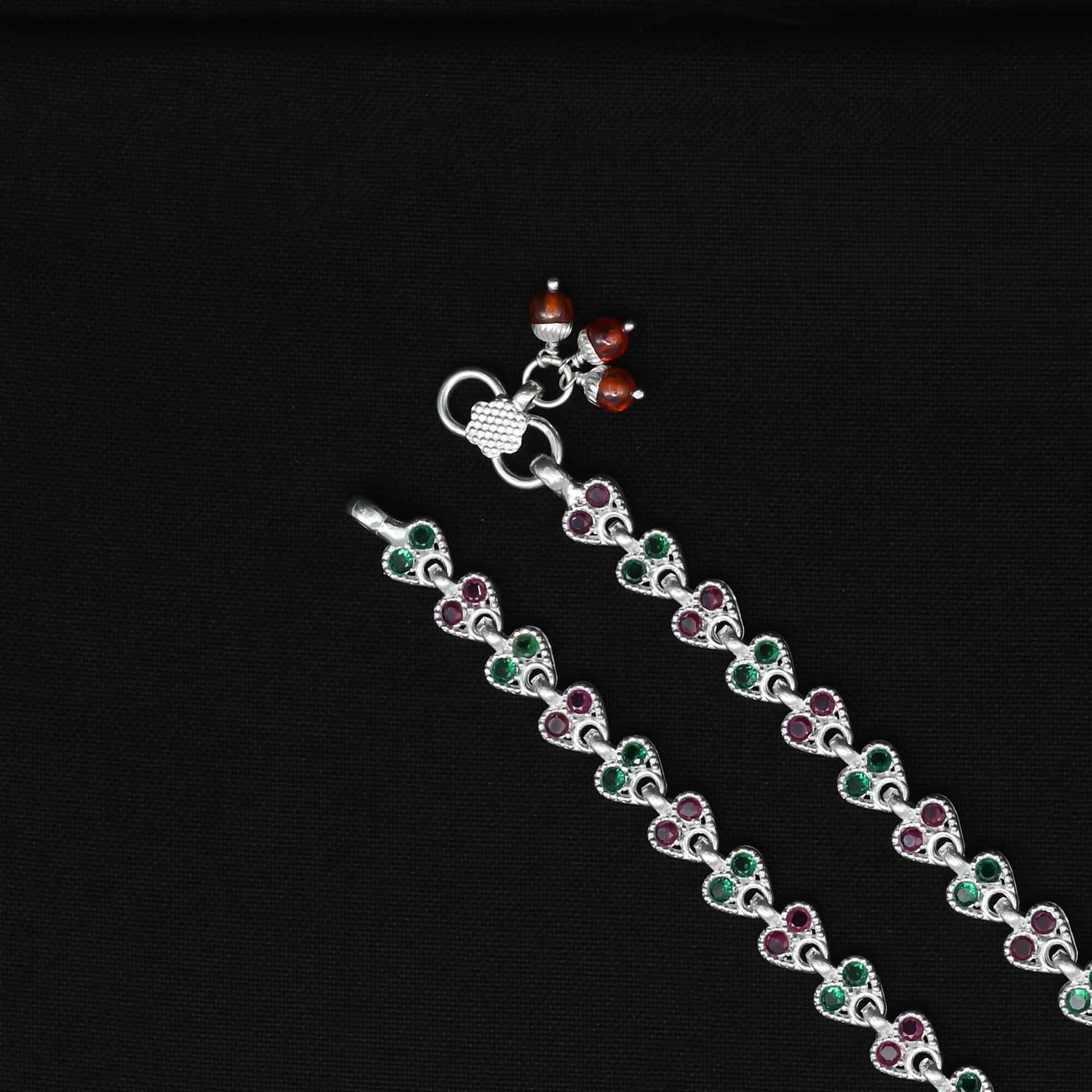 Classic Dazzle of Diva Silver Pink & Green Gemstone Payal for Women - Image 5