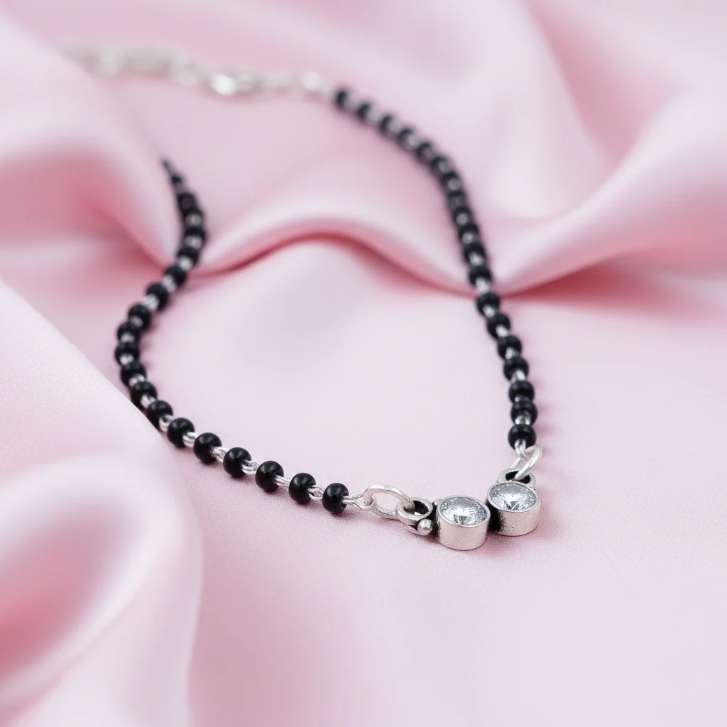 Classic Dual-CZ Black Bead Silver Mangalsutra - Image 3