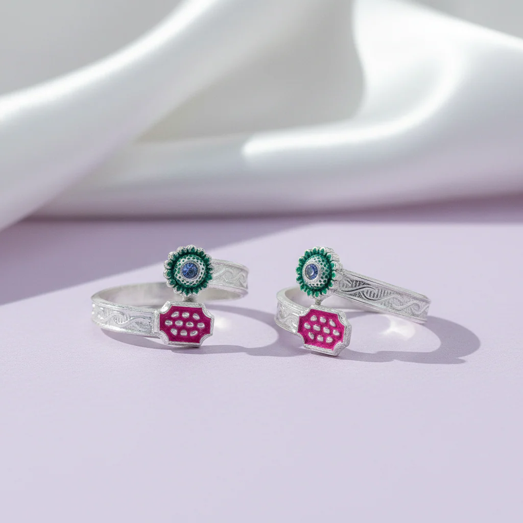 Classic Indian Enamel Work Silver Toe Ring(Bichiya)