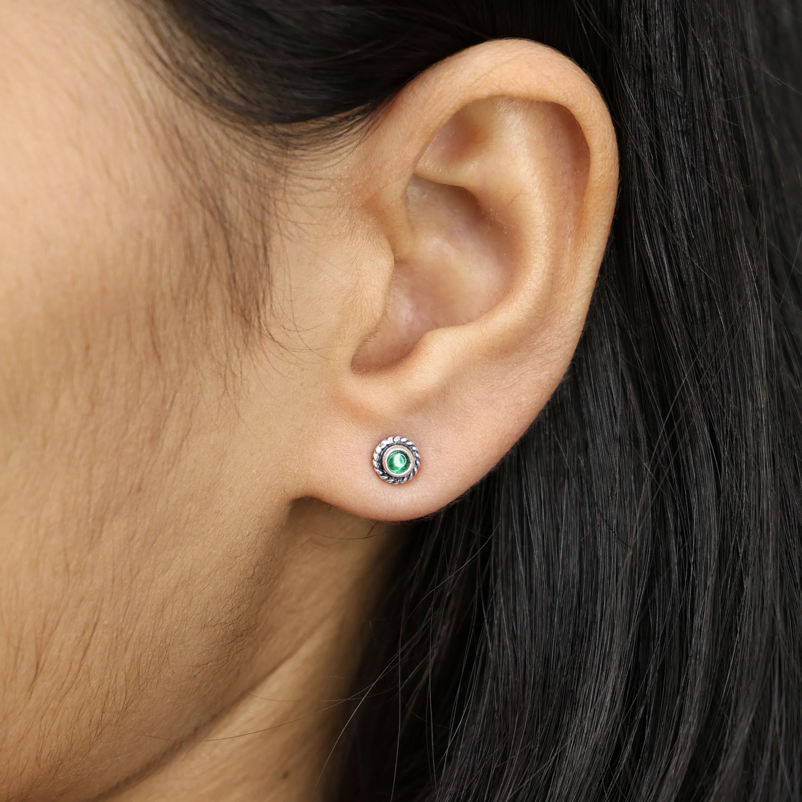 Classic Green Stud Silver Earrings - Image 2