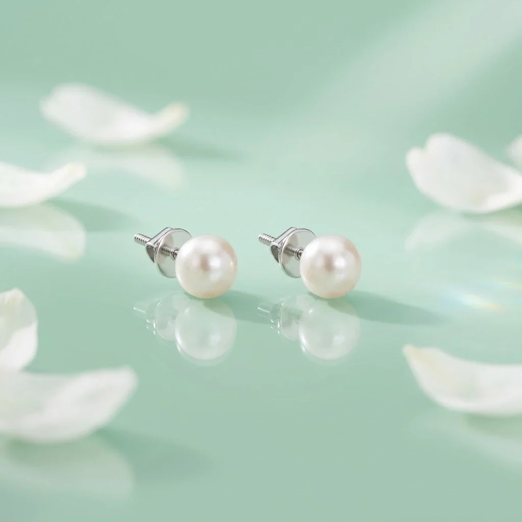 Clear Pearl Stud Silver Earrings.