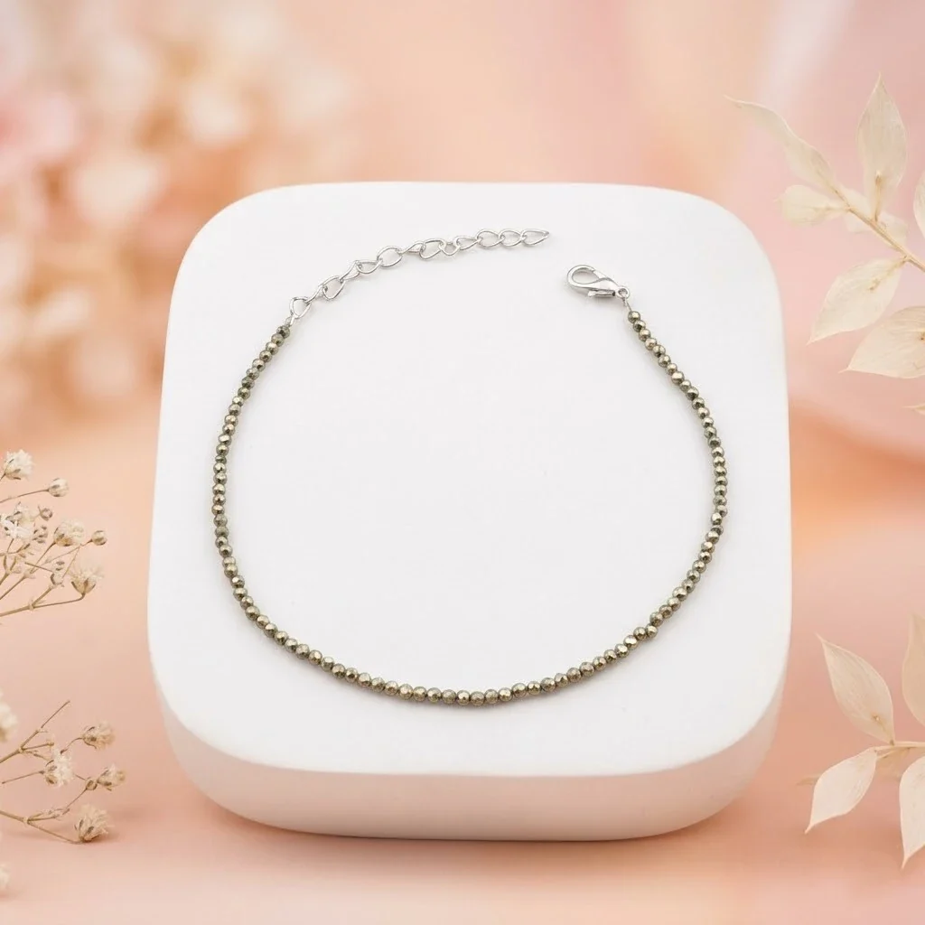 Dainty Faceted Pyrite Silver Anklet - Image 3