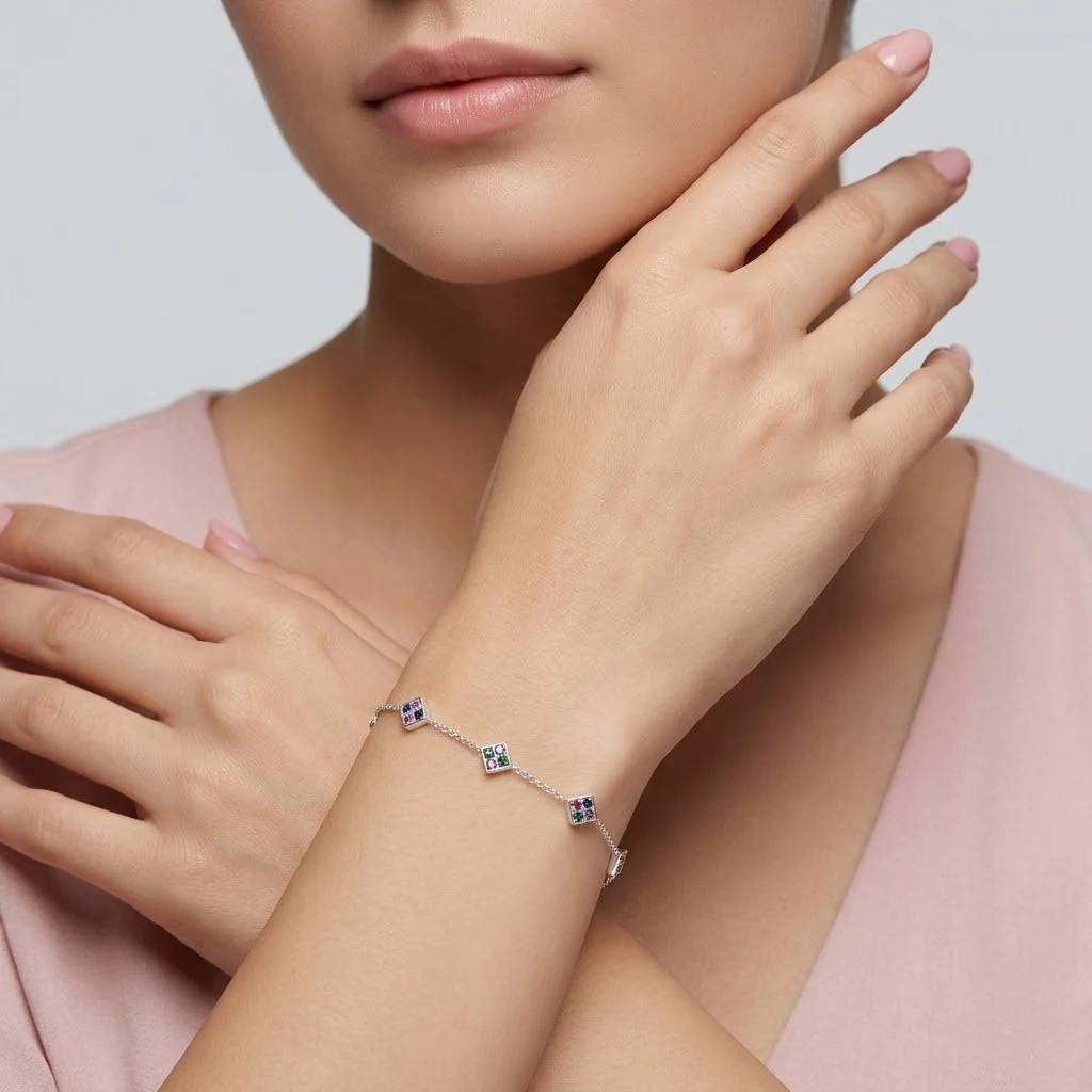 Dainty Multi Color Gemstone Bracelet in Sterling Silver - Image 2