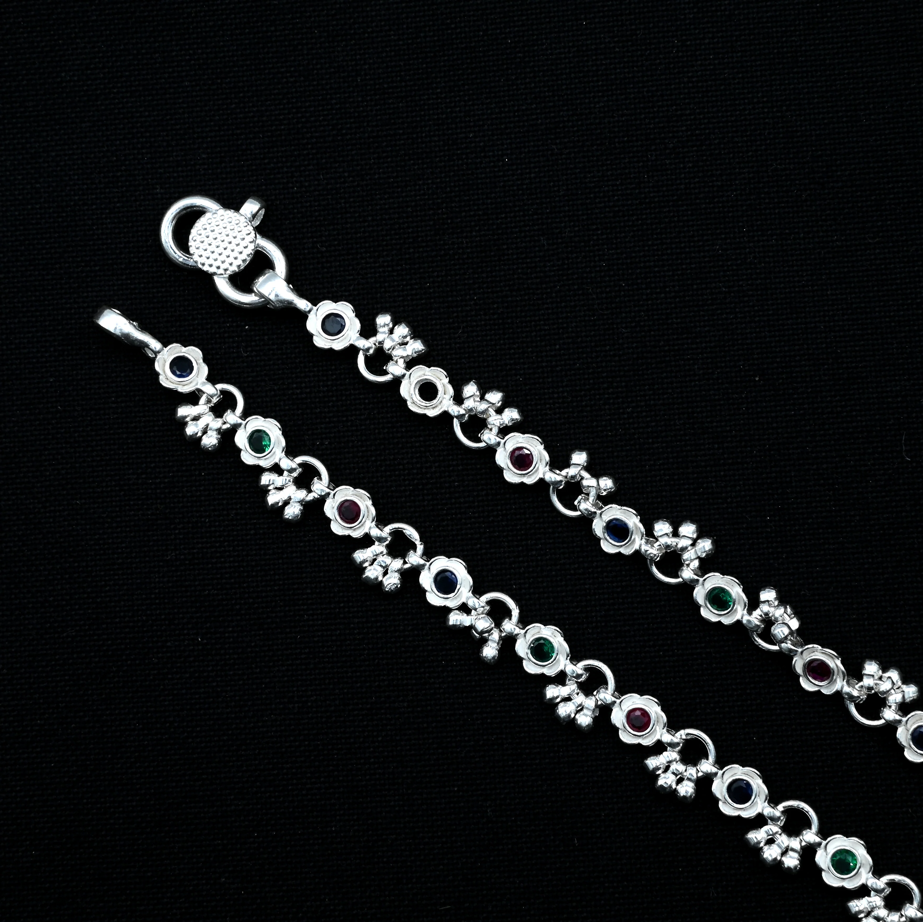 Delicate Silver Anklet Payal with Flower Buds and Colorful Center Gemstone. - Image 2