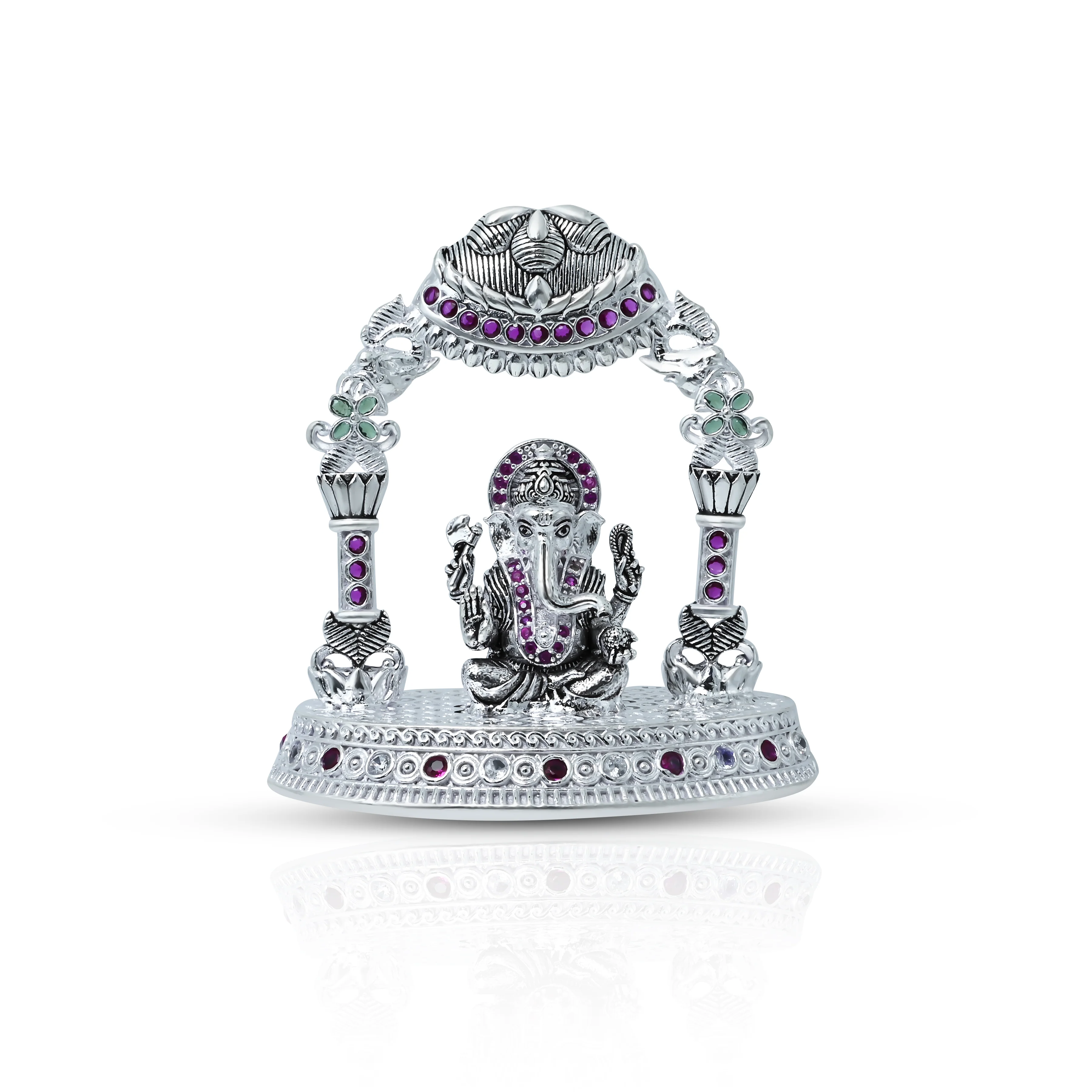 Divine Silver Ganesha Murti with Multicolour Stones - Image 2