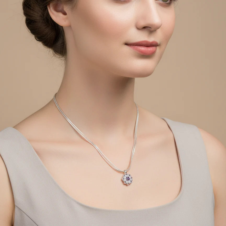 Double Chain Ruby–Pearl Flower Pendant