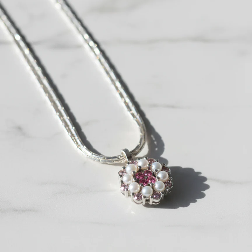 Double Chain Ruby–Pearl Flower Pendant - Image 3