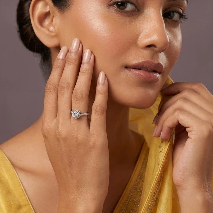 Elegant Floral Halo Diamond Ring with Pavé Band – Adjustable Luxury Engagement Ring - Image 2