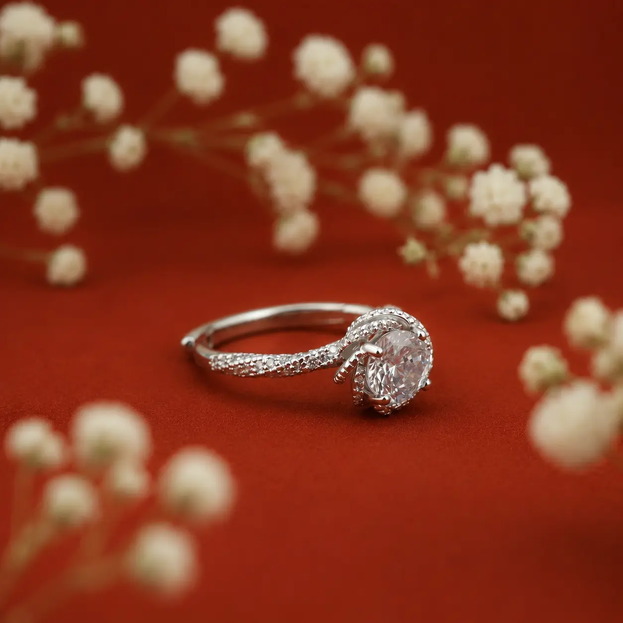 Elegant Floral Halo Diamond Ring with Pavé Band – Adjustable Luxury Engagement Ring - Image 3