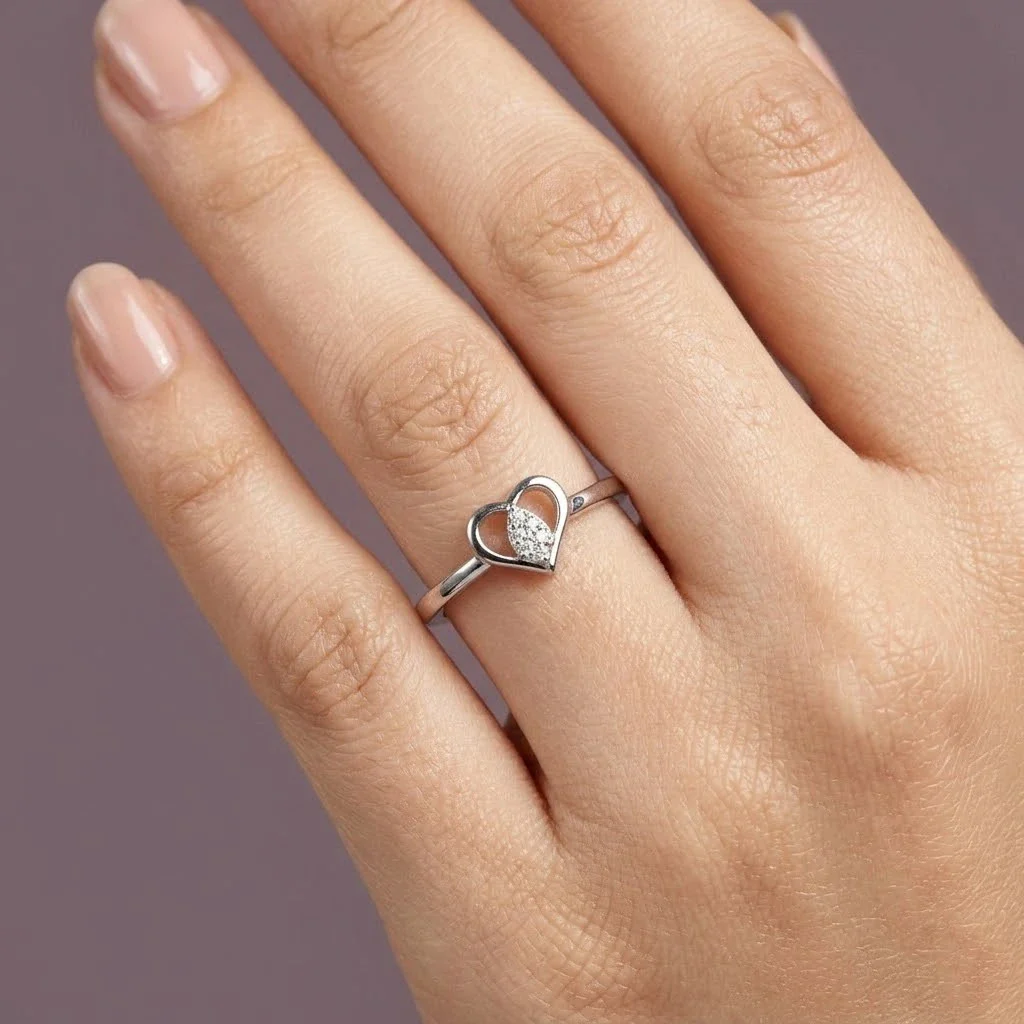 Elegant Heart Shape Diamond Accent Ring in Silver  Minimalist Love Ring for Women - Image 2