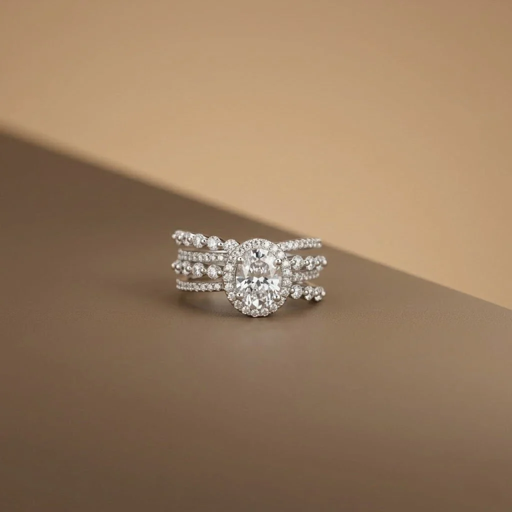 Elegant Oval Halo Multi-Layer Silver Ring - Image 3