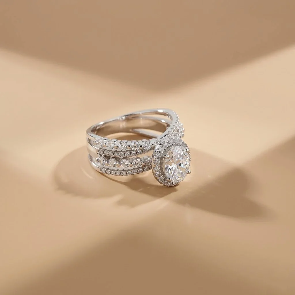 Elegant Oval Halo Multi-Layer Silver Ring - Image 4