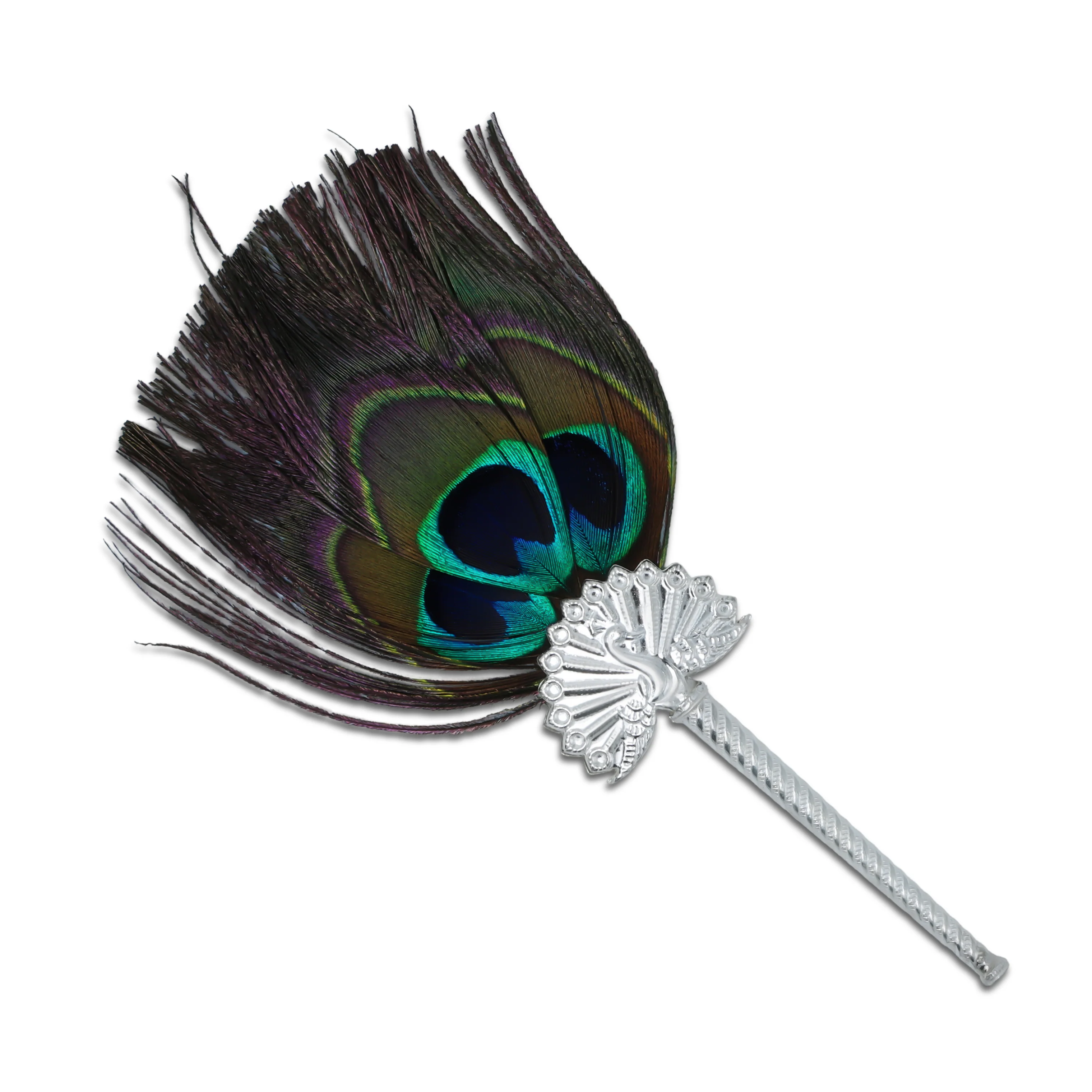 Elegant Peacock Feather Fan with Ornate Silver Handle For Laddu Gopal - Image 3