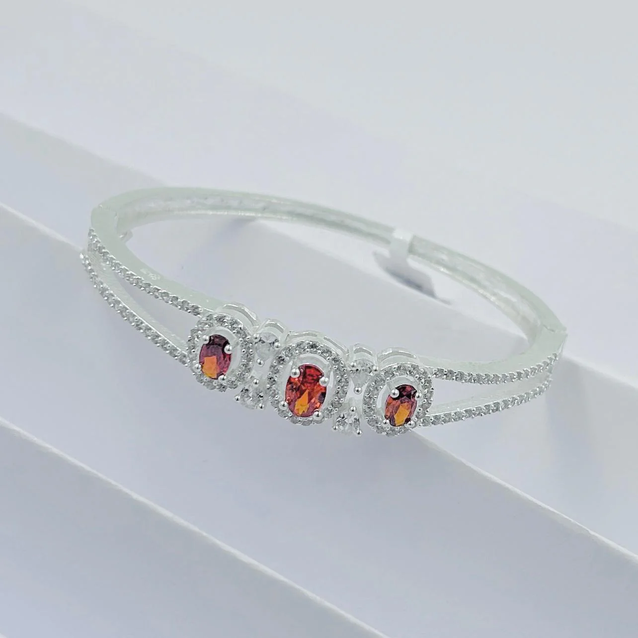 Elegant Silver Bracelet with Trio of Orange Stones for Girls. - Image 2
