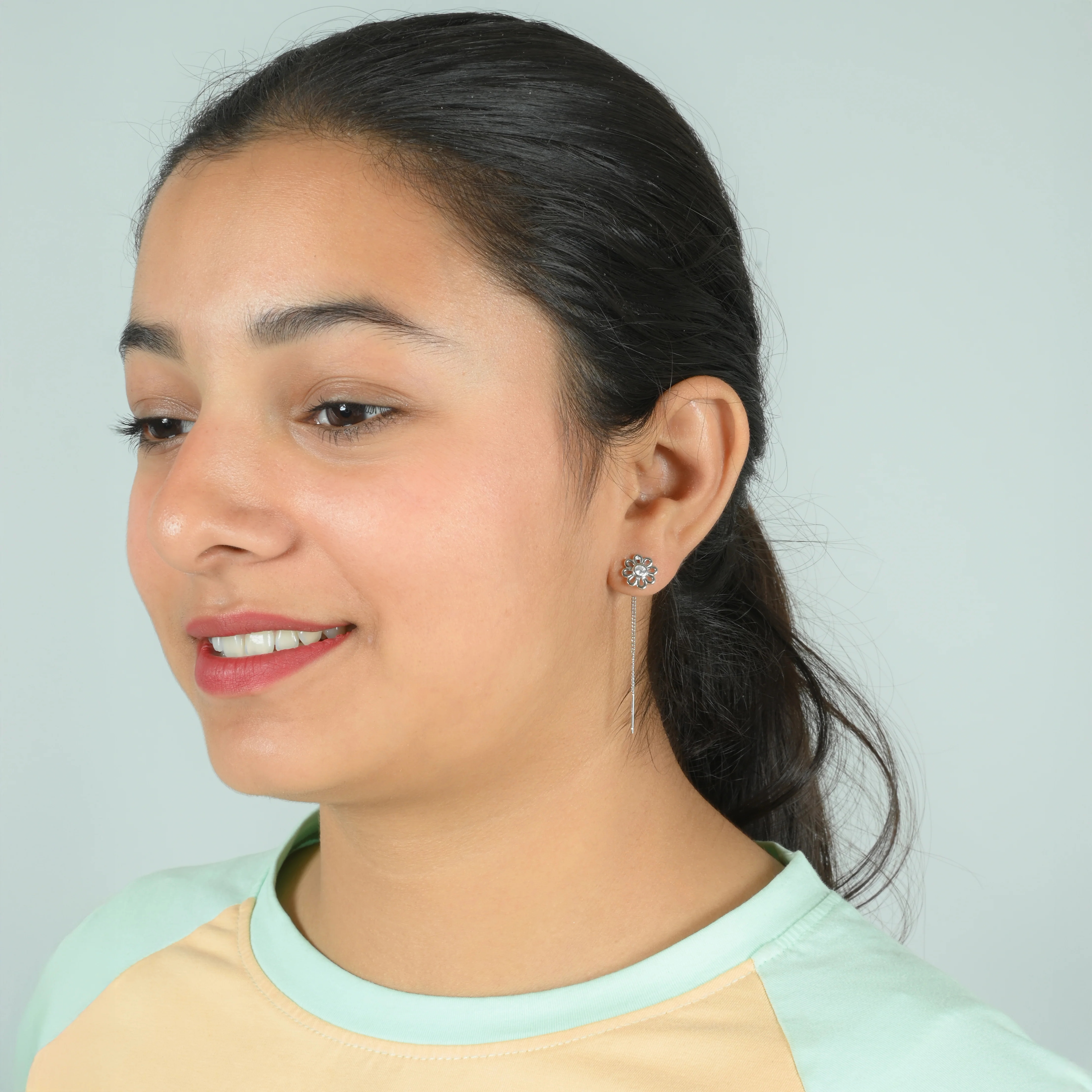 Elegant Silver Drop Earrings with Flower Center Stone Detail - Image 2