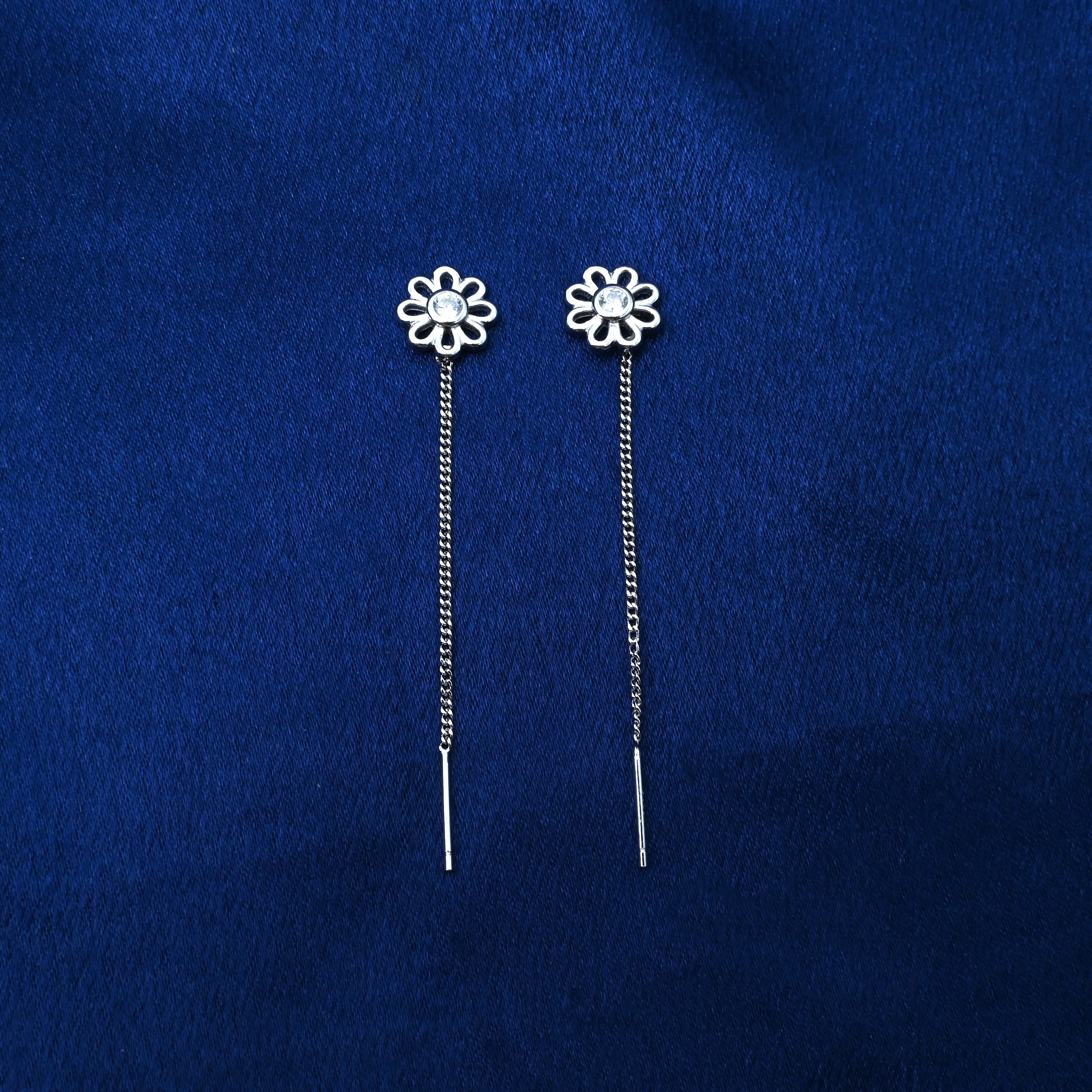 Elegant Silver Drop Earrings with Flower Center Stone Detail - Image 3