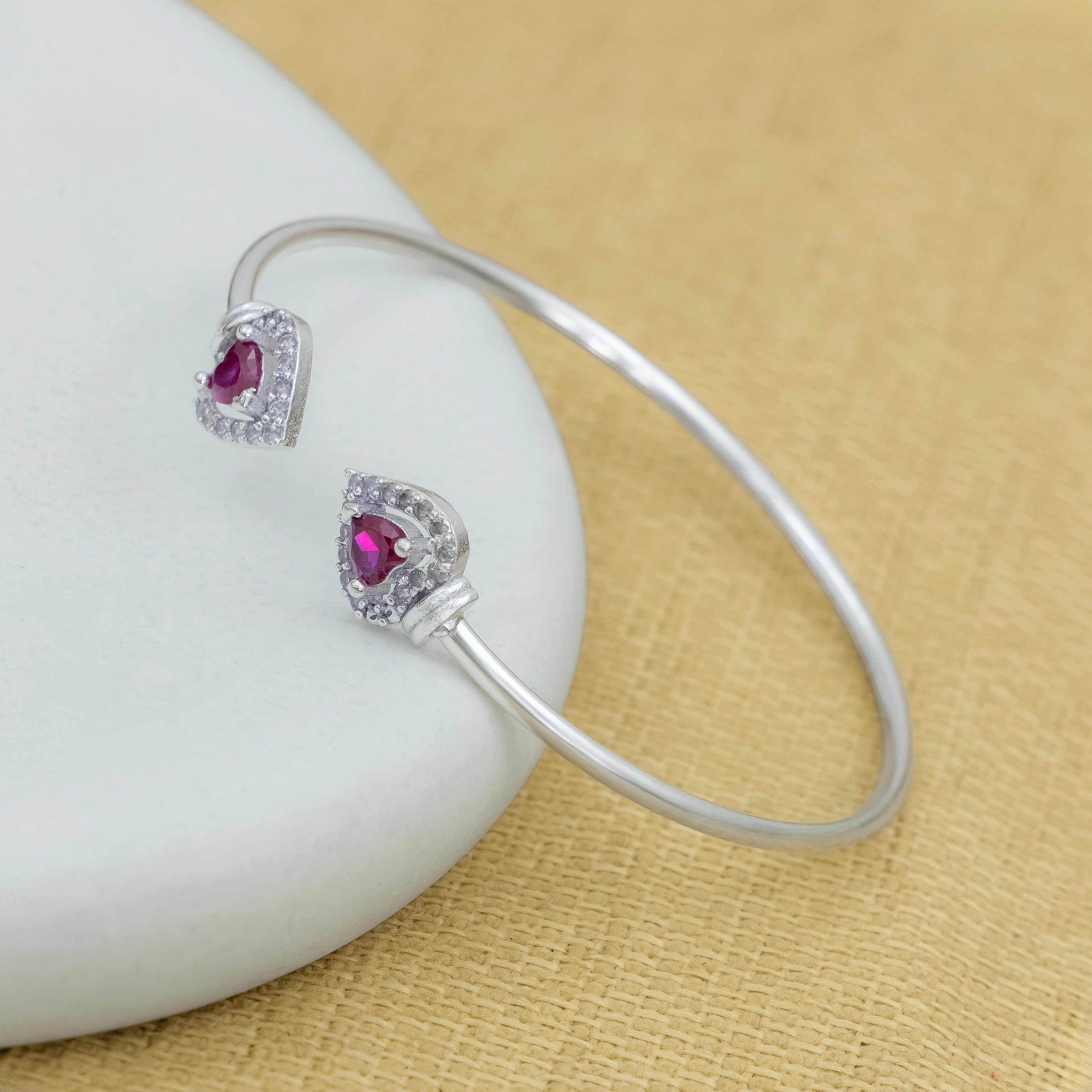Elegant Silver Heart Ruby Stone Openable Bangle for Women - Image 3