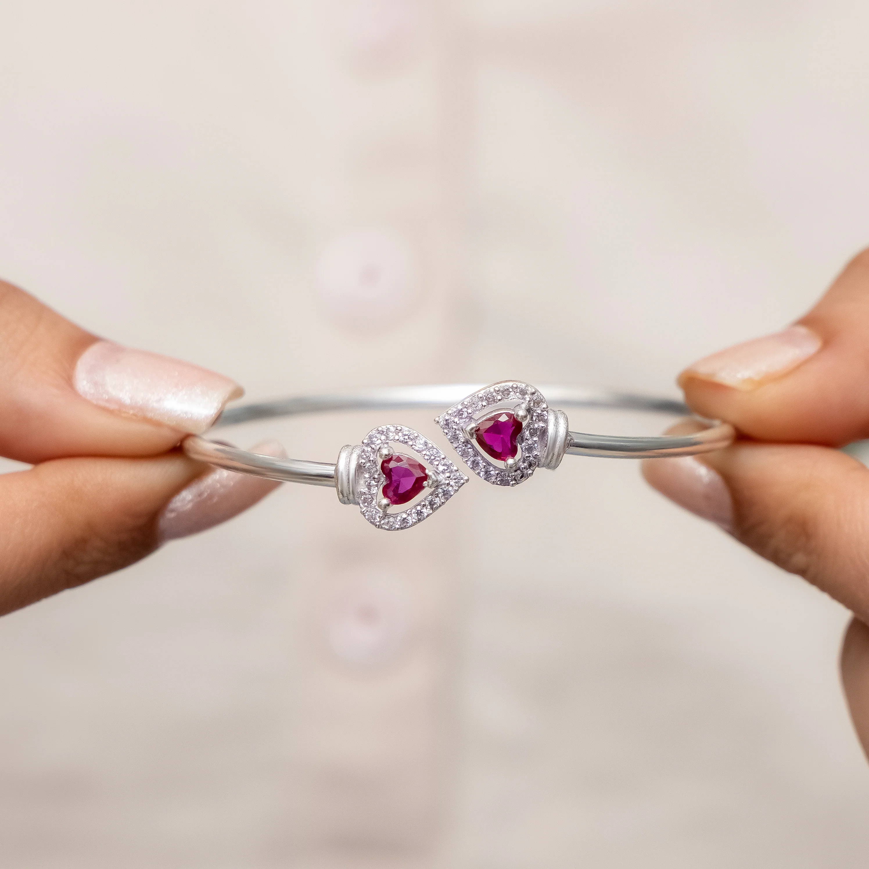 Elegant Silver Heart Ruby Stone Openable Bangle for Women - Image 5