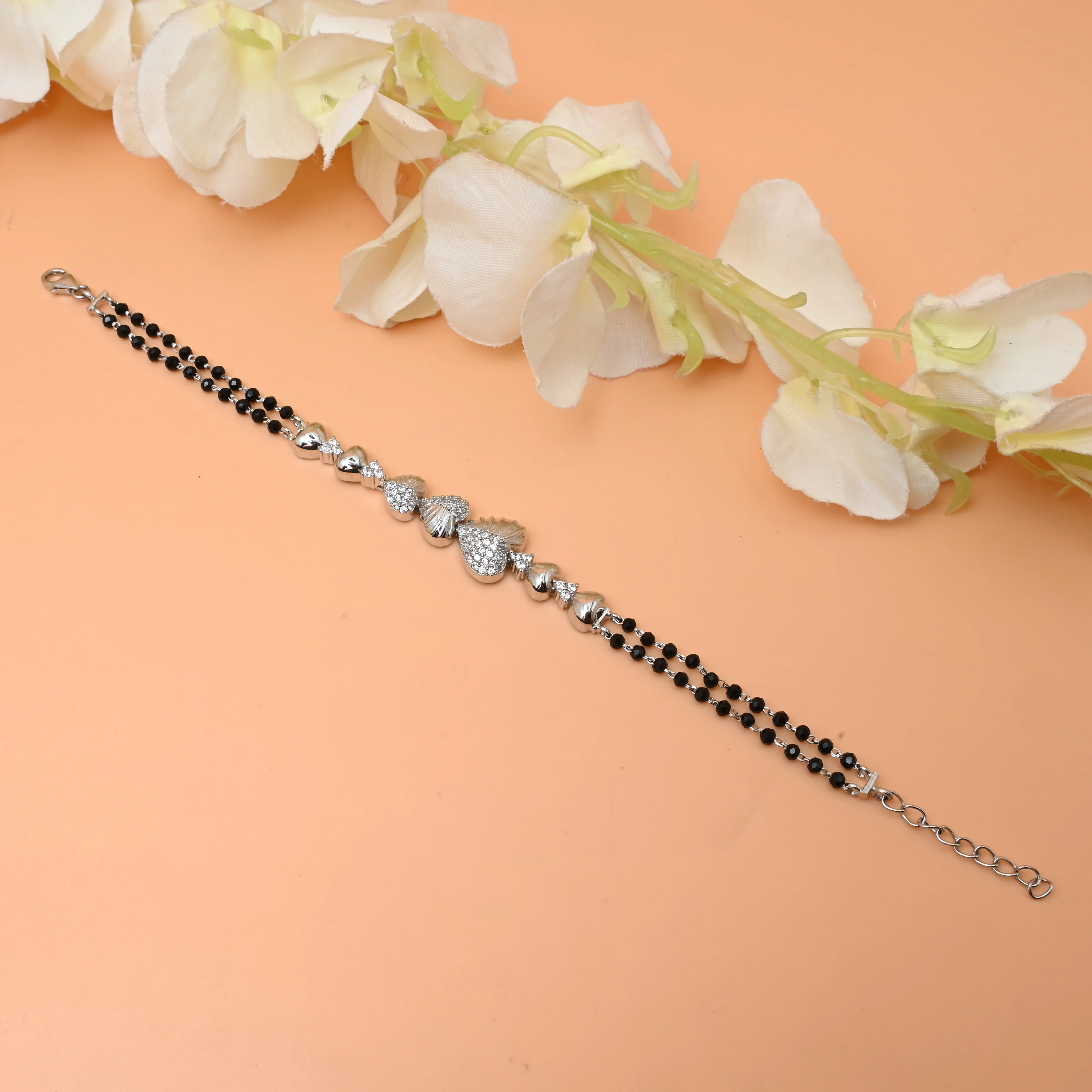 Elegant Silver Mangalsutra Bracelet for Girls – Heart Shape Silver Buds Design