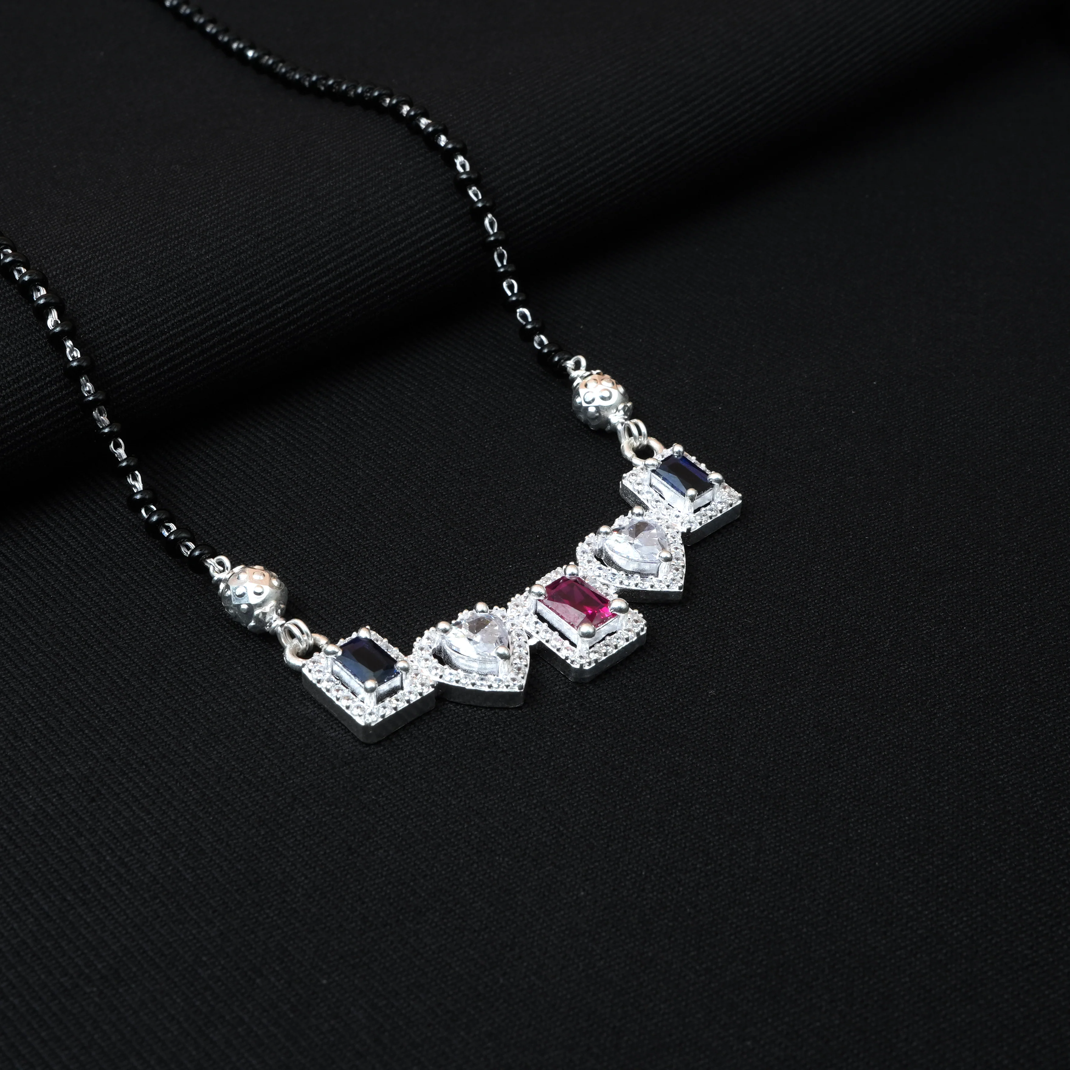 Elegant Silver Mangalsutra with Heart & Square Pink, White, Black Stones. - Image 2