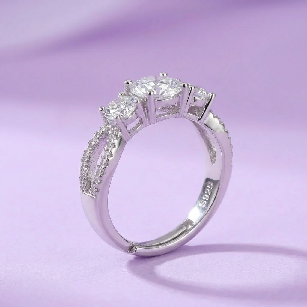 Elegant Three-Stone Cubic Zirconia Adjustable Silver Ring for Women - Image 3