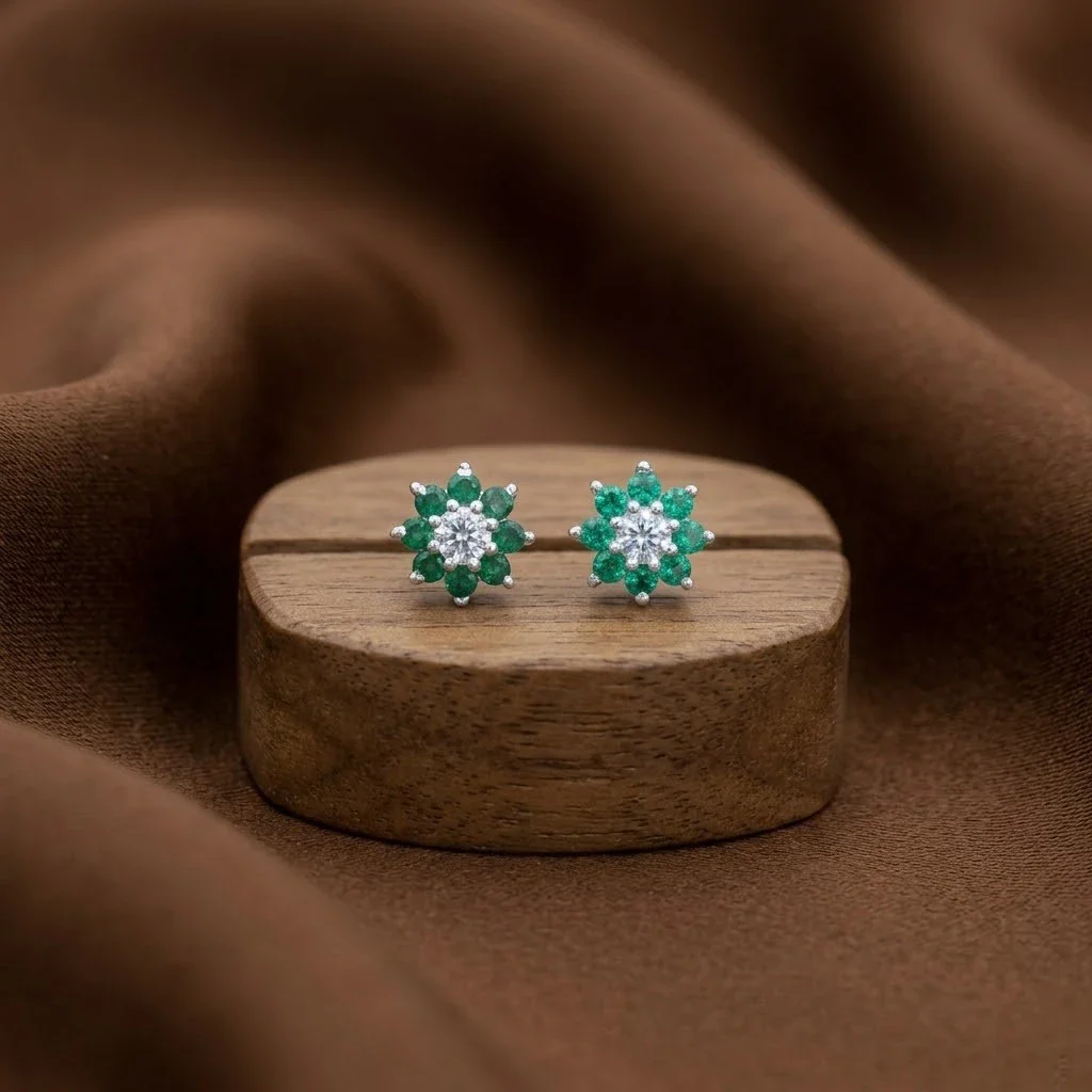 Emerald Flower Silver Earring