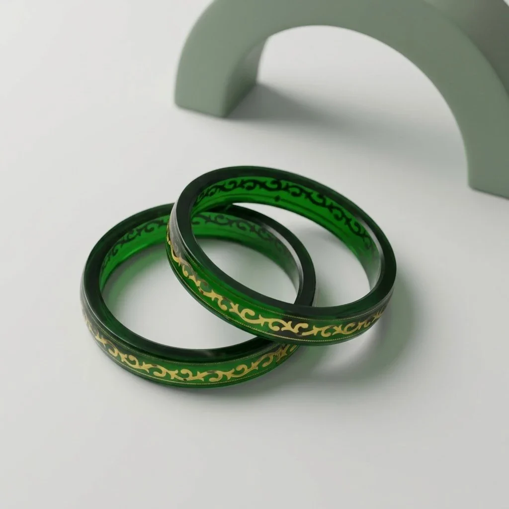 Emerald Green Transparent Glass Bangles with Gold Filigree Design - Image 4