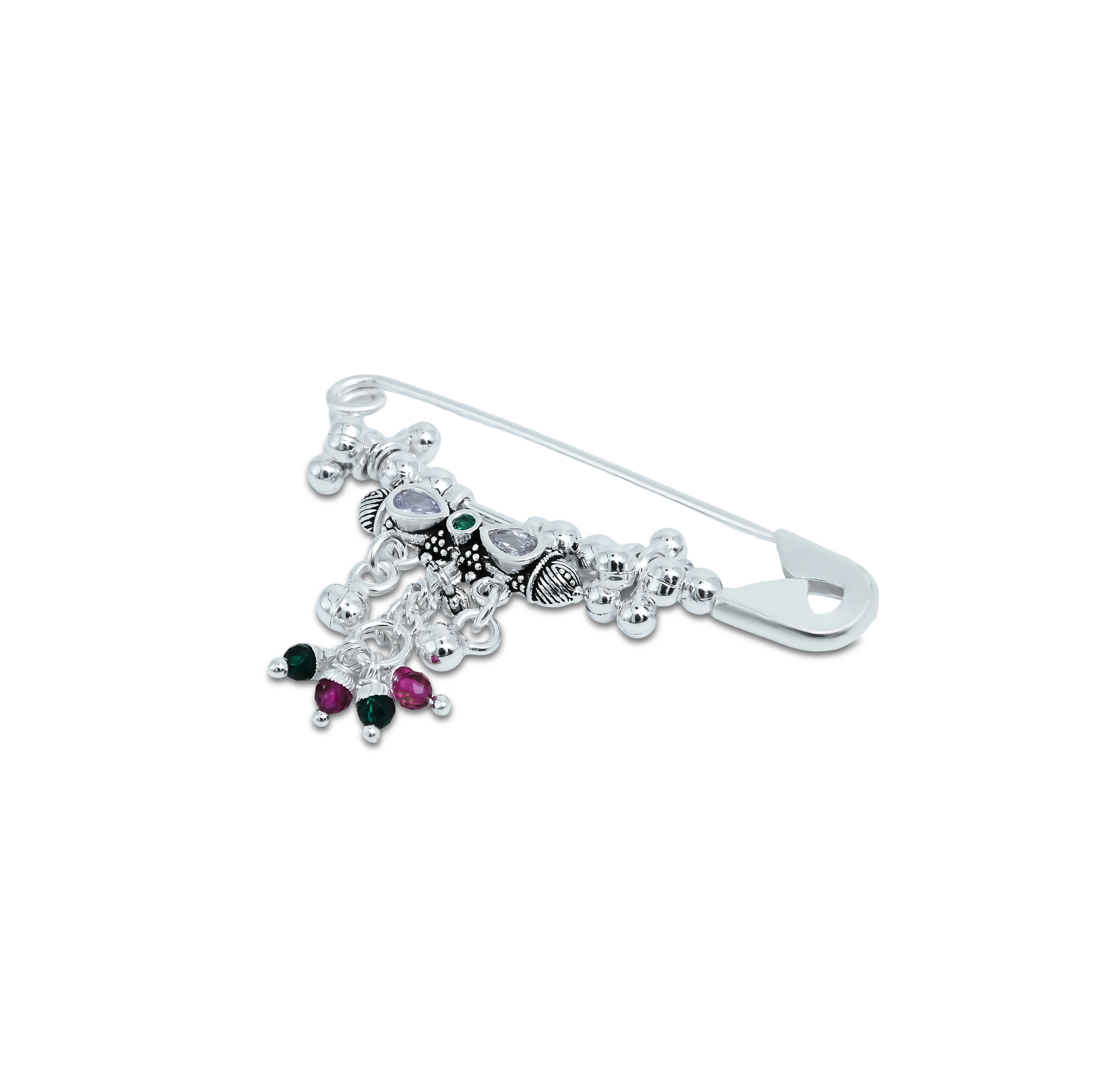 Expertly Crafted Silver Saree Pin with Teardrop Stones - Image 3